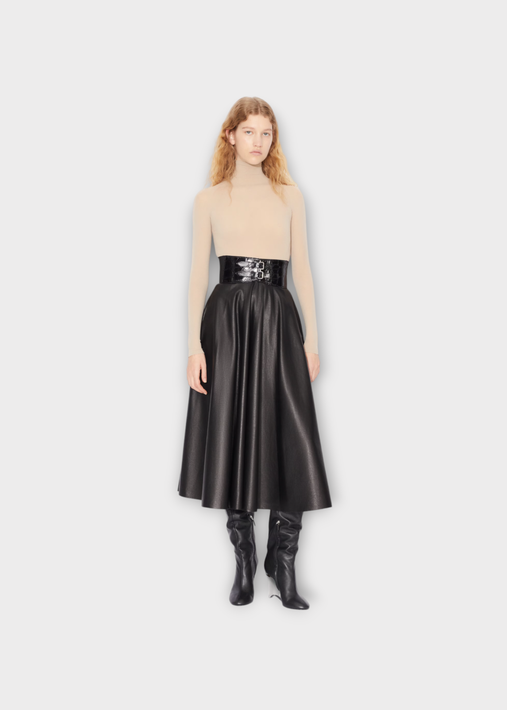 Alaia Alaia Skirt, Black, Soft Leather Belted Midi Skirt In Black Alaia