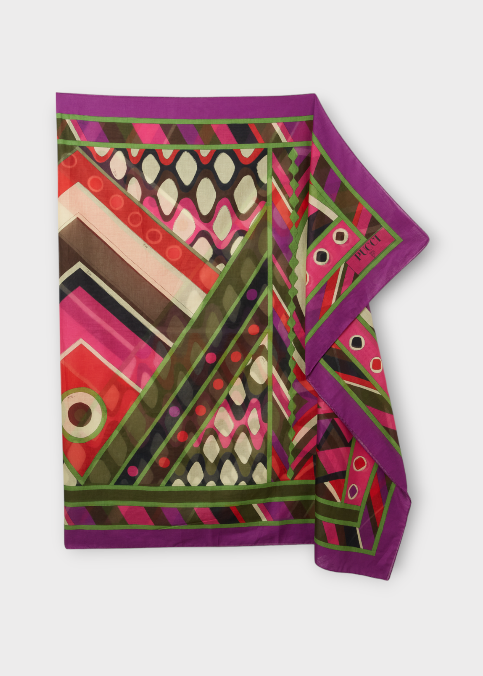 Emilio Pucci Emilio Pucci Scarf, Print, Cotton Long Pareo In Khaki Fuxia & Black w/ Vivara Print