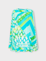 Emilio Pucci Emilio Pucci Dress, Print, Silk Boat Neck Short Sleeve Mini Kaftan Dress in Light Blue & Lime w/ Graphic Print