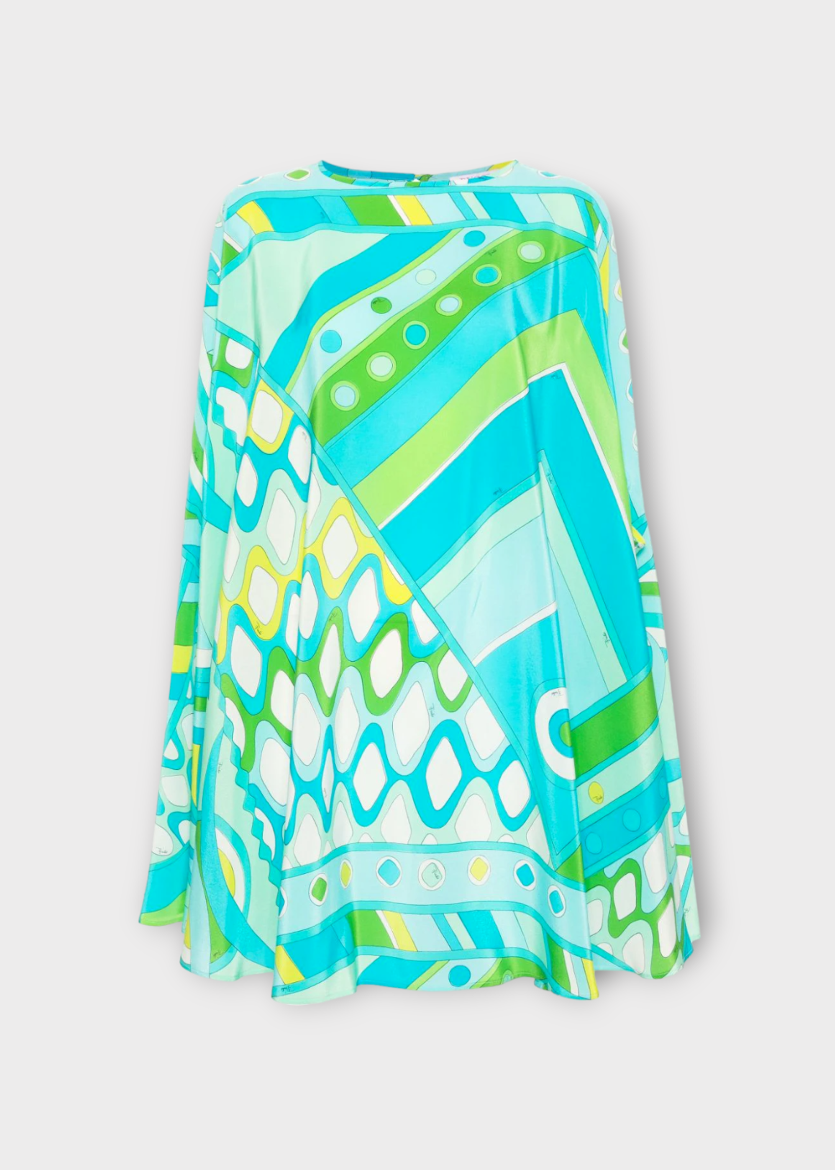 Emilio Pucci Emilio Pucci Dress, Print, Silk Boat Neck Short Sleeve Mini Kaftan Dress in Light Blue & Lime w/ Graphic Print