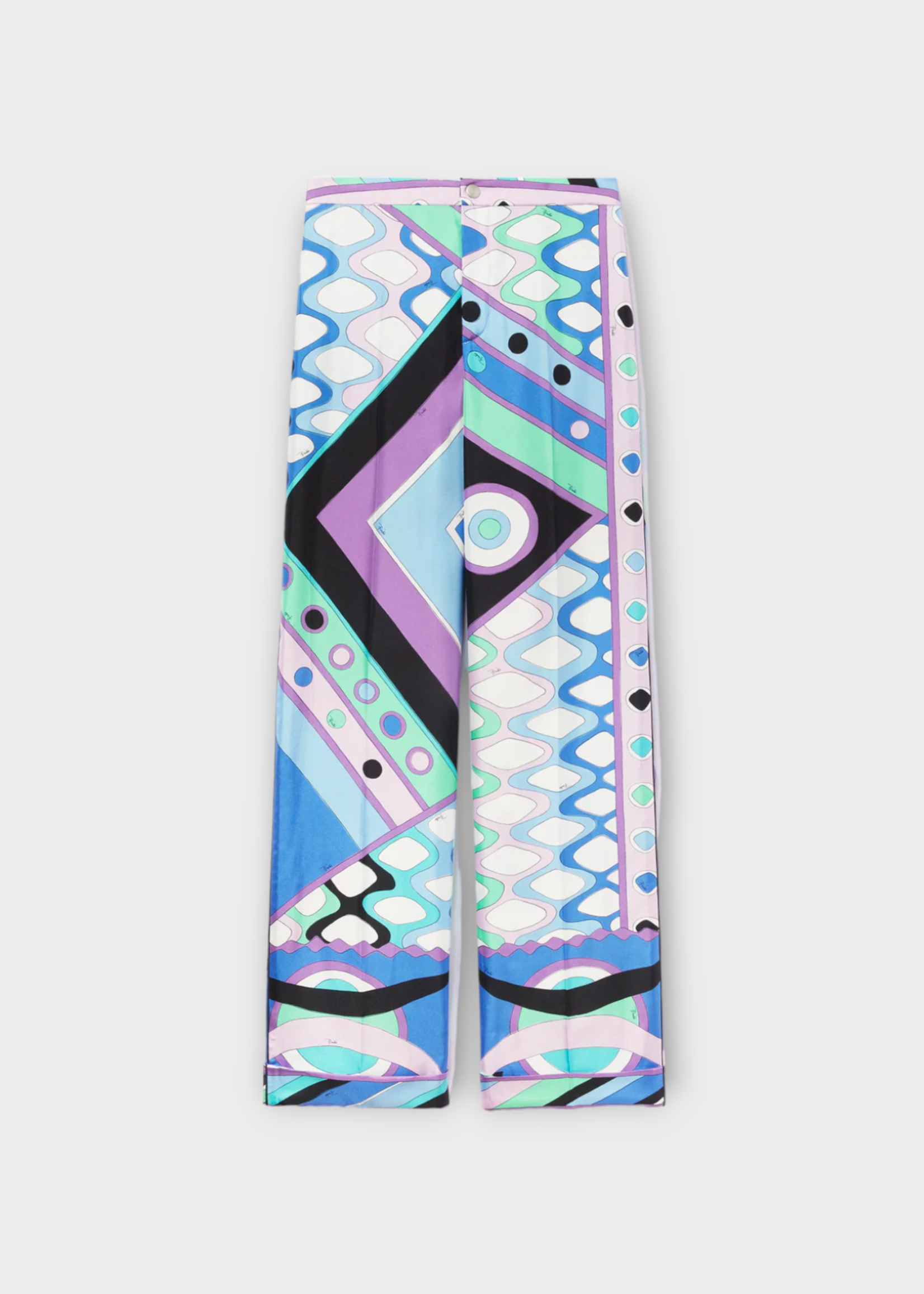 Emilio Pucci Emilio Pucci Trousers, Print, Silk Relaxed Fit Straight Leg in Light Blue White Aqua Green & Lilac w/ Vivara Print