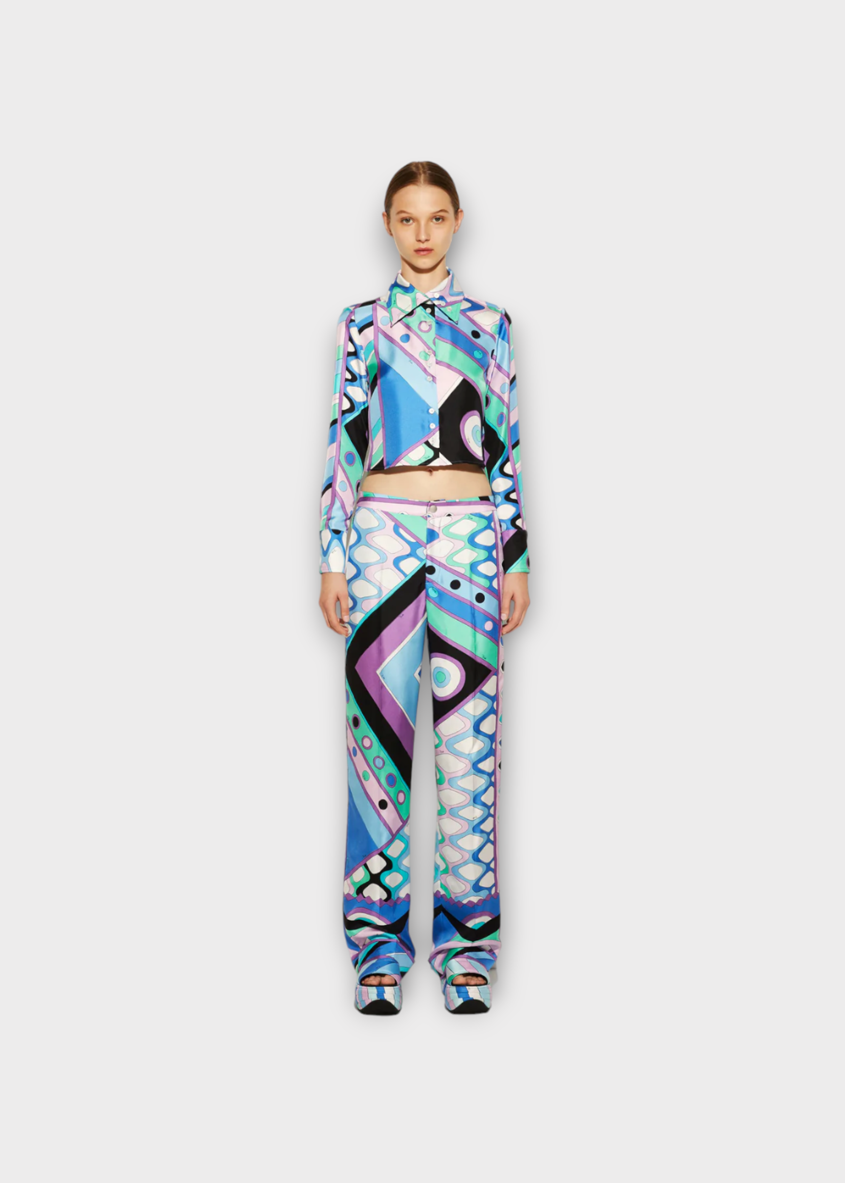 Emilio Pucci Emilio Pucci Trousers, Print, Silk Relaxed Fit Straight Leg in Light Blue White Aqua Green & Lilac w/ Vivara Print