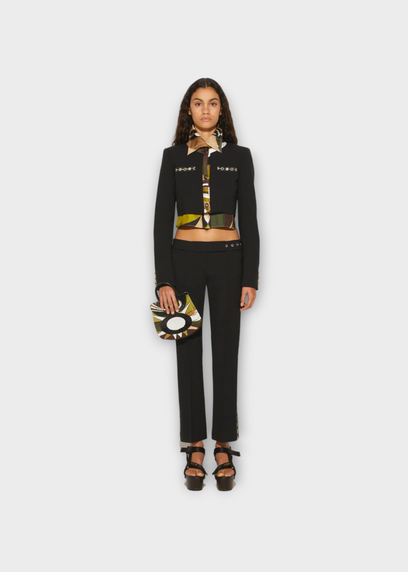 Emilio Pucci Emilio Pucci Trousers, Black, Virgin Wool Slim Fit Mid Rise Trousers in Black w/ Vivara Print Trims