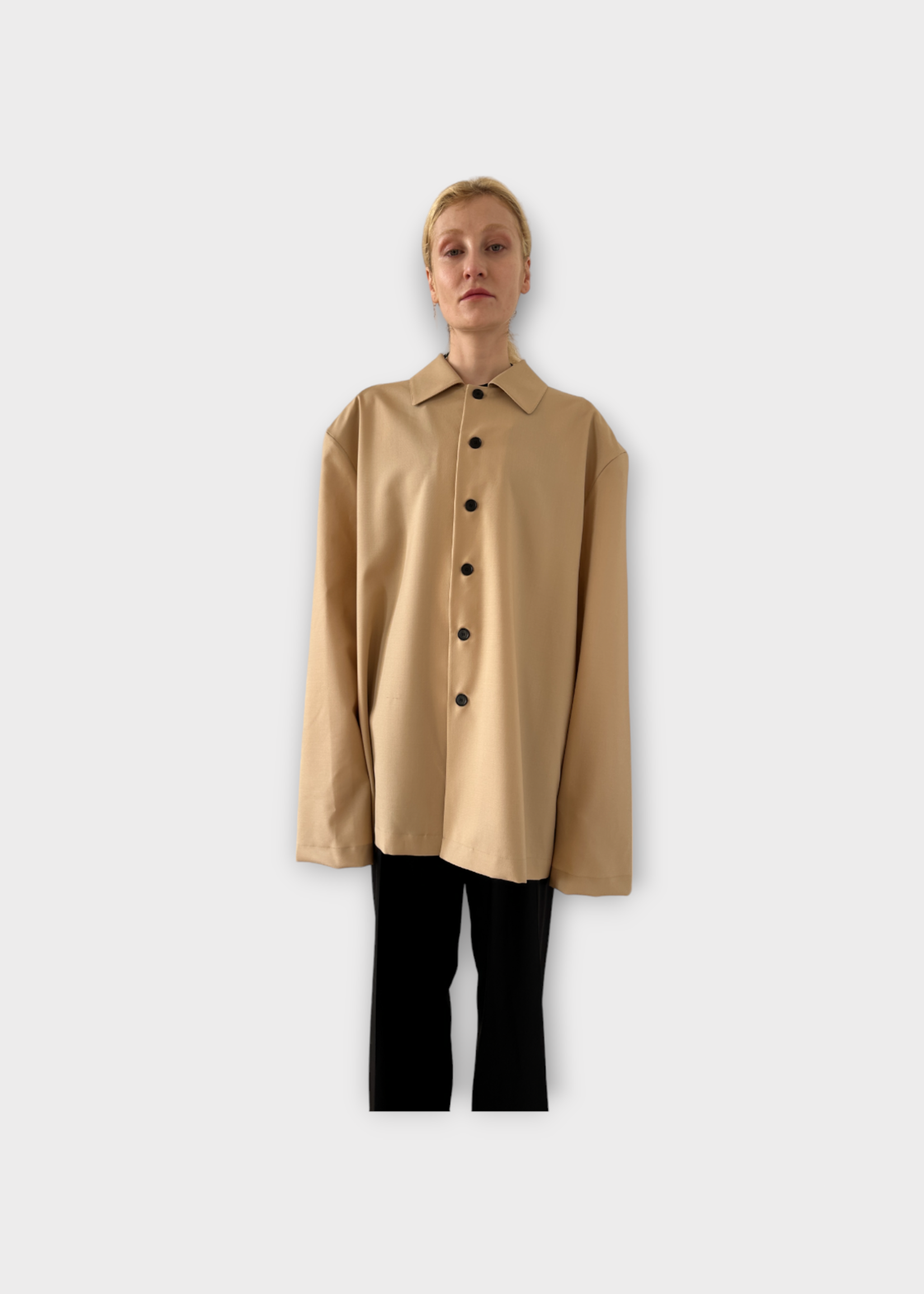 Marie Adam Leenaerdt Marie Adam Leenaerdt Jacket, Beige, Collared Button Up Jacket w/ Padded Shoulders