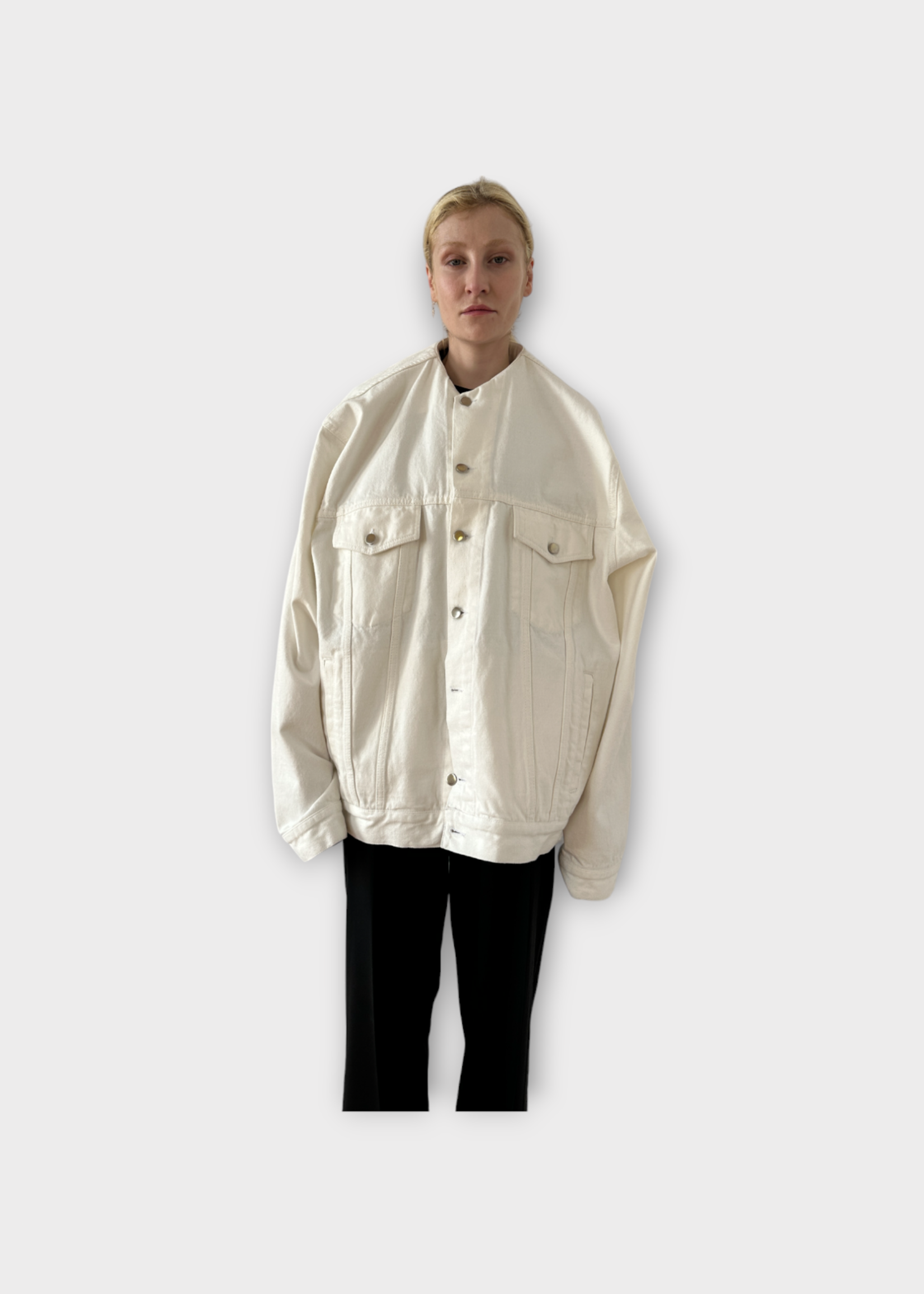 Marie Adam Leenaerdt Marie Adam Leenaerdt Jacket, White, Oversized Button Up Denim Jacket w/ Inserted Collar