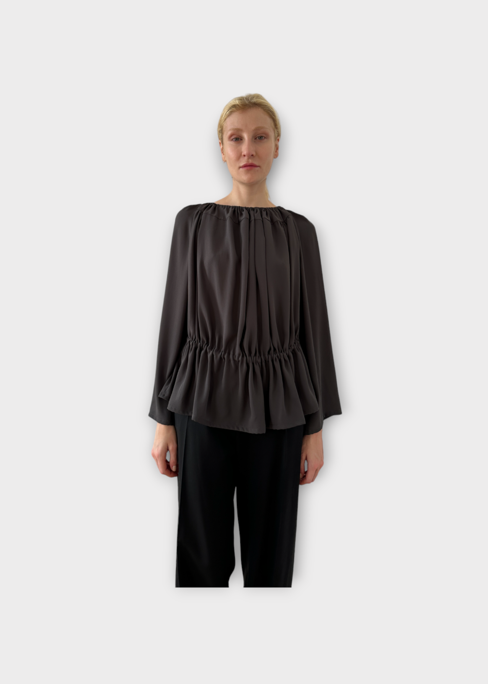 Marie Adam Leenaerdt Marie Adam Leenaerdt Top, Grey, Crew Neck Beach Cabine Ruffled Top