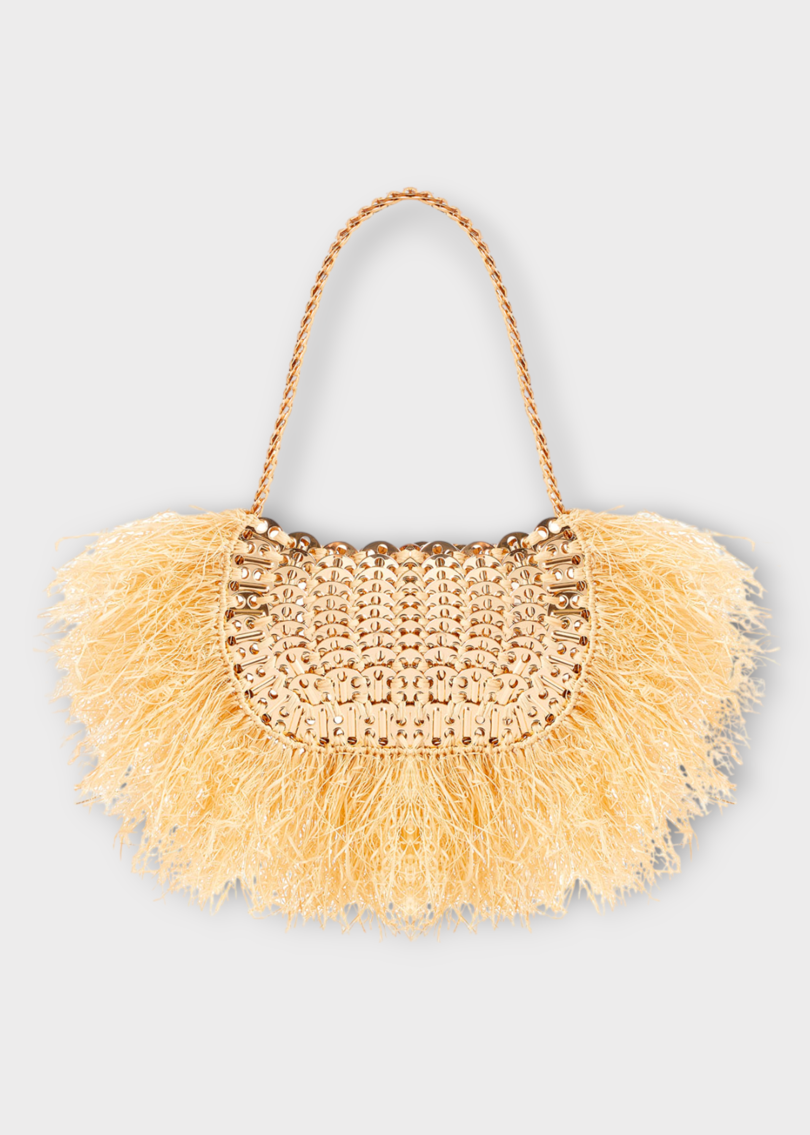 Rabanne Rabanne Bag, Multi, Moon Top Handle Bag In Natural & Bronze w/ Raffia Fringes X Sunkiss Collection