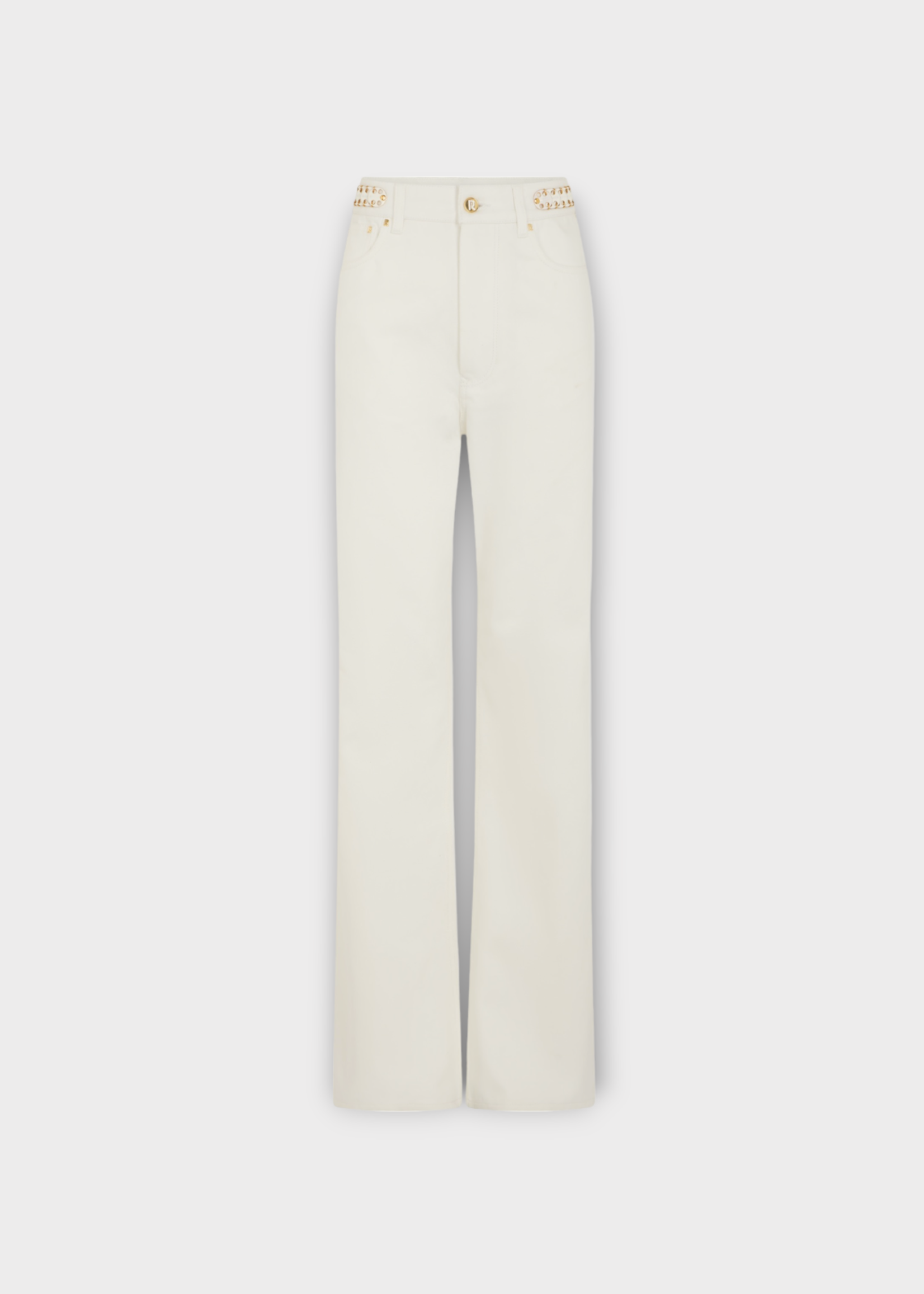 Rabanne Rabanne Jeans, White, High Waist Flared Denim Trousers In Off White w/ 1969 Discs Signature X Sunkiss Collection