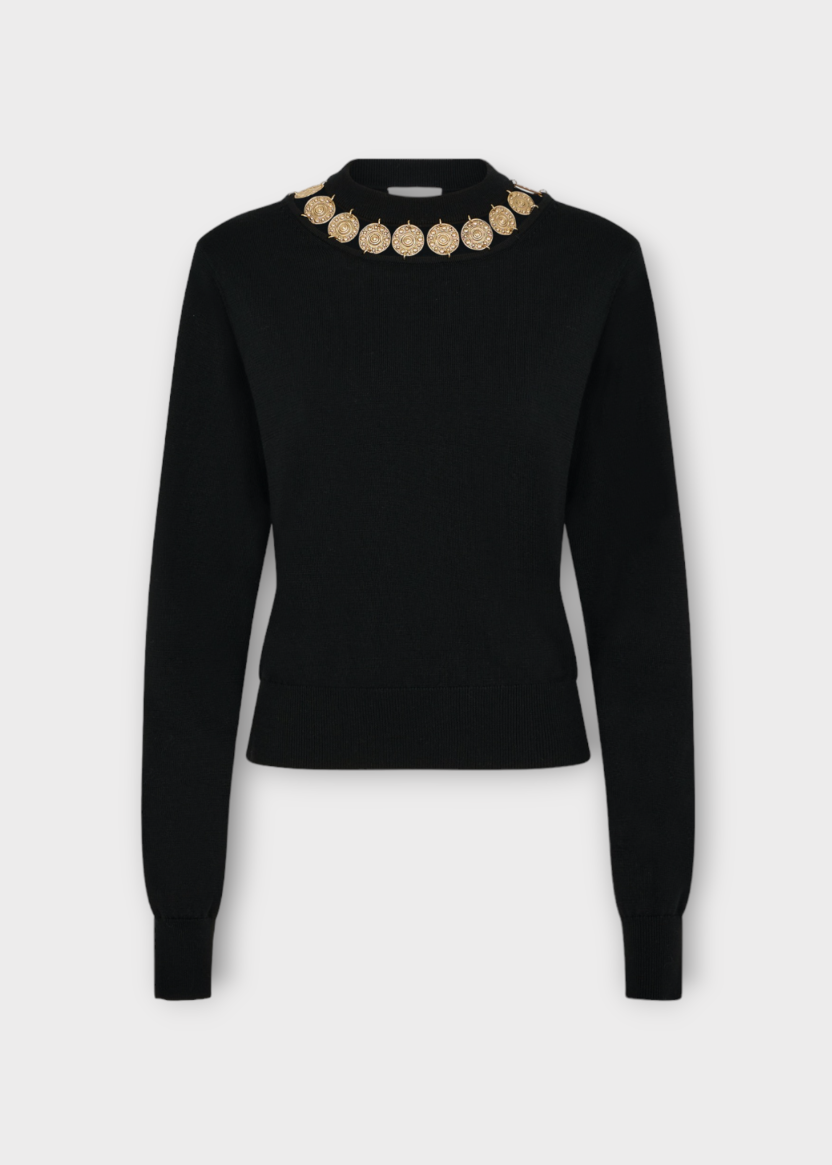Rabanne Rabanne Knitwear, Black, Wool Mix Crew Neck Pullover In Black w/ Metal Medals