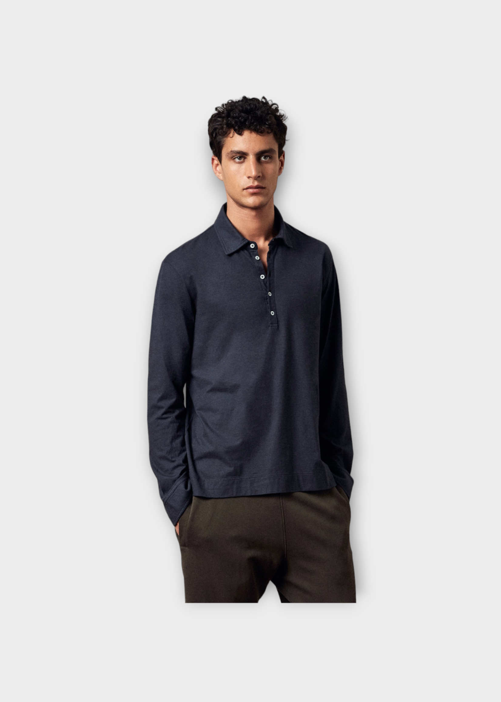 Massimo Alba Massimo Alba Polo, Black, Ischia Cotton & Cashmere Mix Collared Long Sleeve Polo Shirt In Washed Black