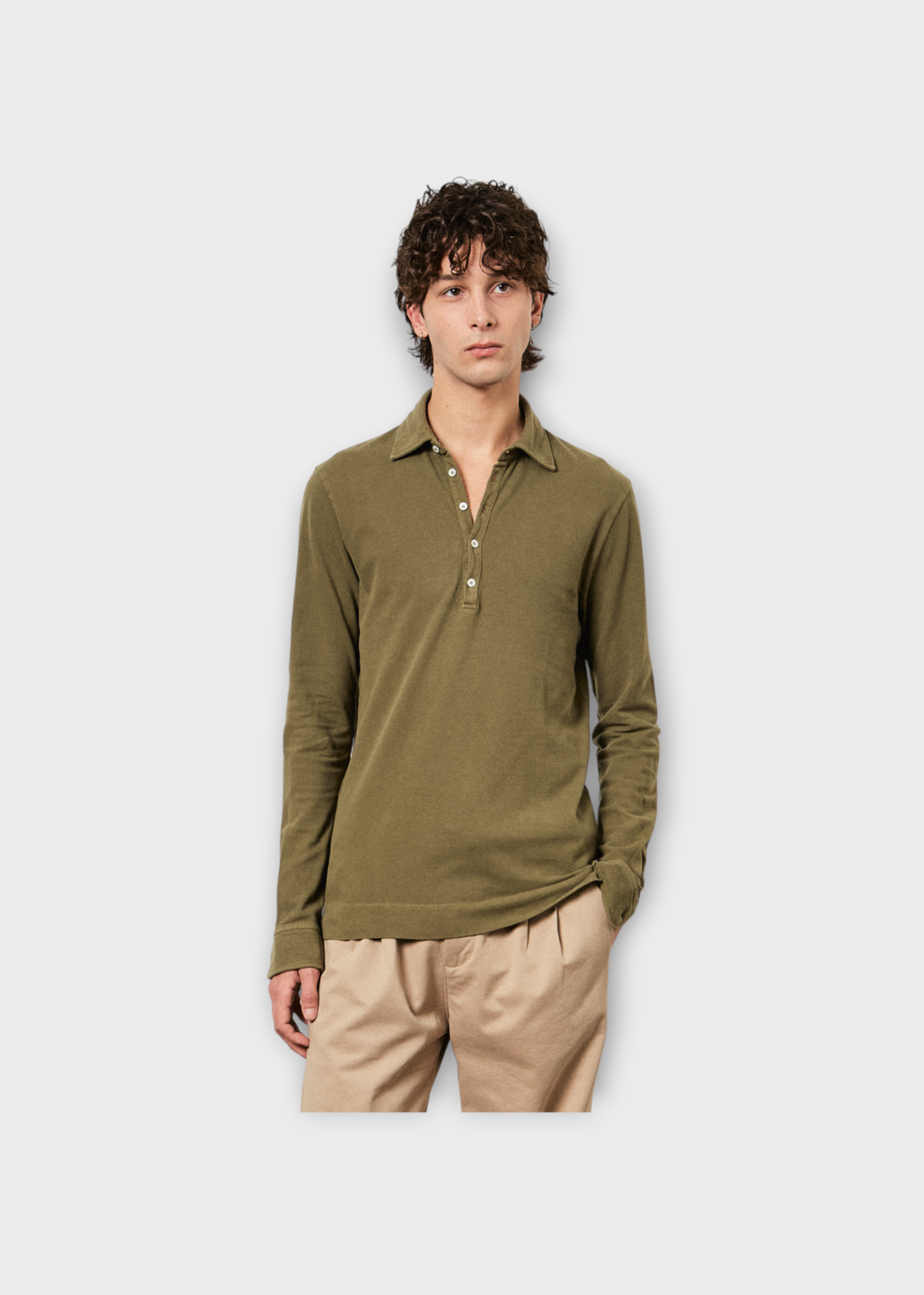 Massimo Alba Massimo Alba Polo, Green, Ischia Cotton & Cashmere Mix Collared Long Sleeve Polo Shirt In Military Green