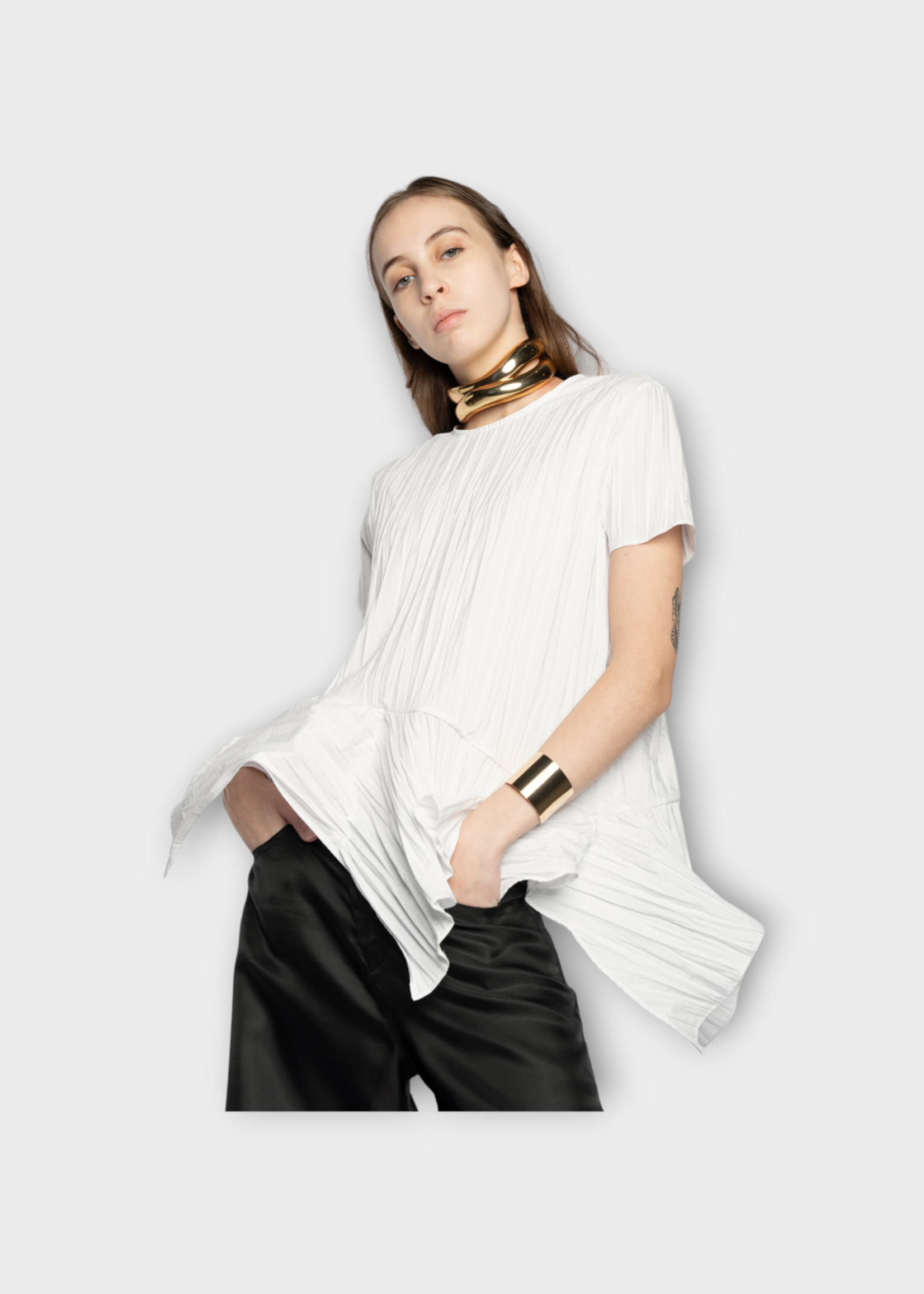 Marques' Almeida Marques' Almeida Top, White, Crew Neck Short Sleeve Asymmetric Plisse Top