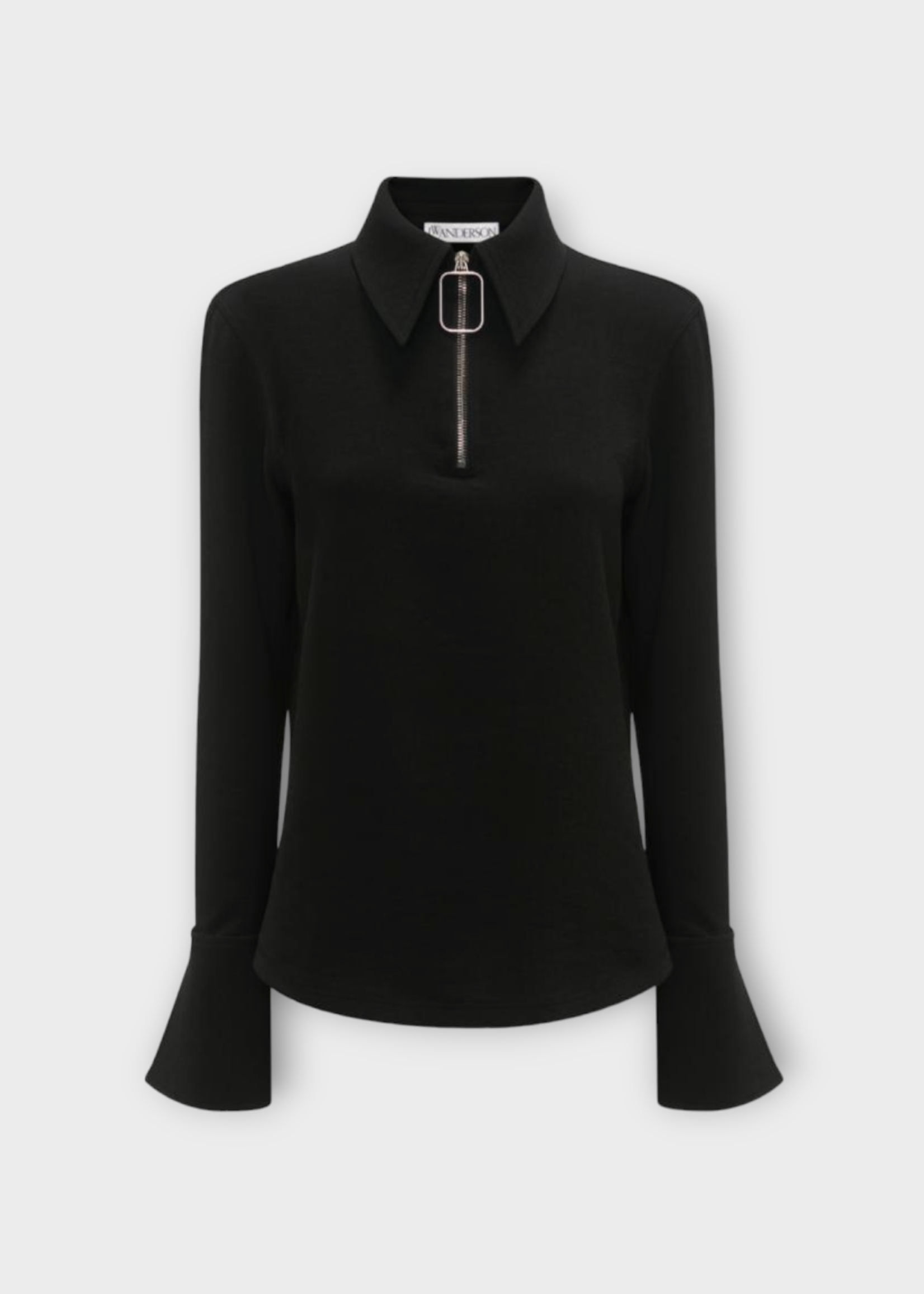 J.W. Anderson J.W. Anderson Top, Black, Textured Jersey Wire Puller Collared Long Bell Sleeve Henley Blouse
