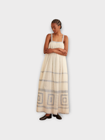 Bode Bode Dress, Multi, Tile Stitch Sleeveless Maxi Dress In White w/ Blue Embroidery