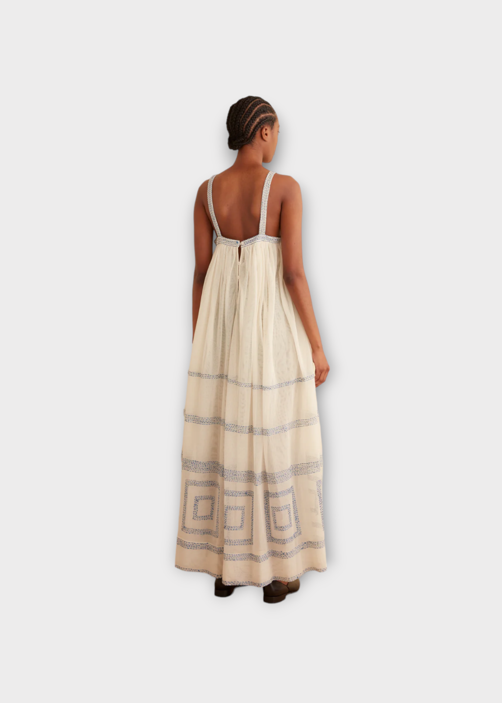 Bode Bode Dress, Multi, Tile Stitch Sleeveless Maxi Dress In White w/ Blue Embroidery