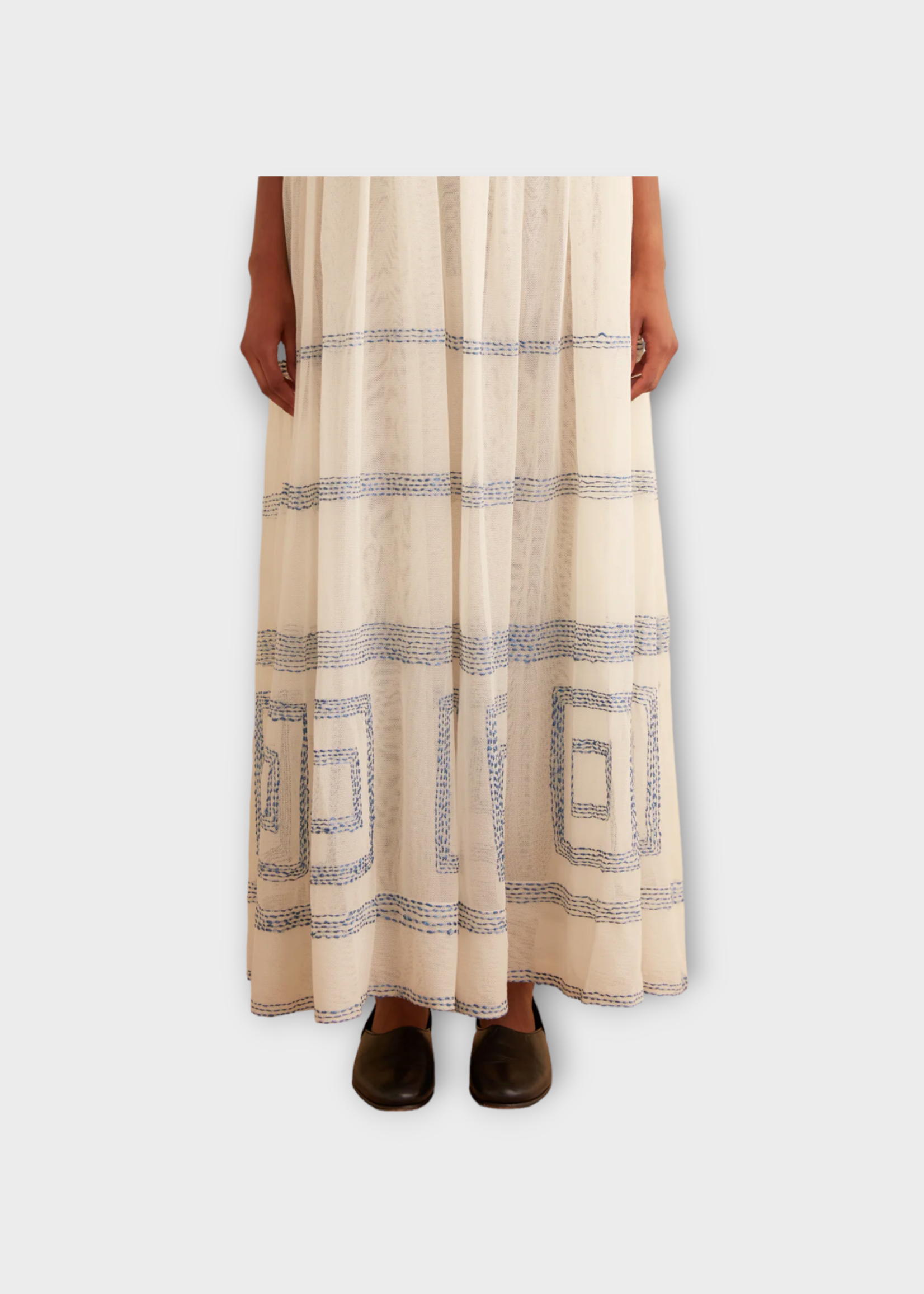 Bode Bode Dress, Multi, Tile Stitch Sleeveless Maxi Dress In White w/ Blue Embroidery