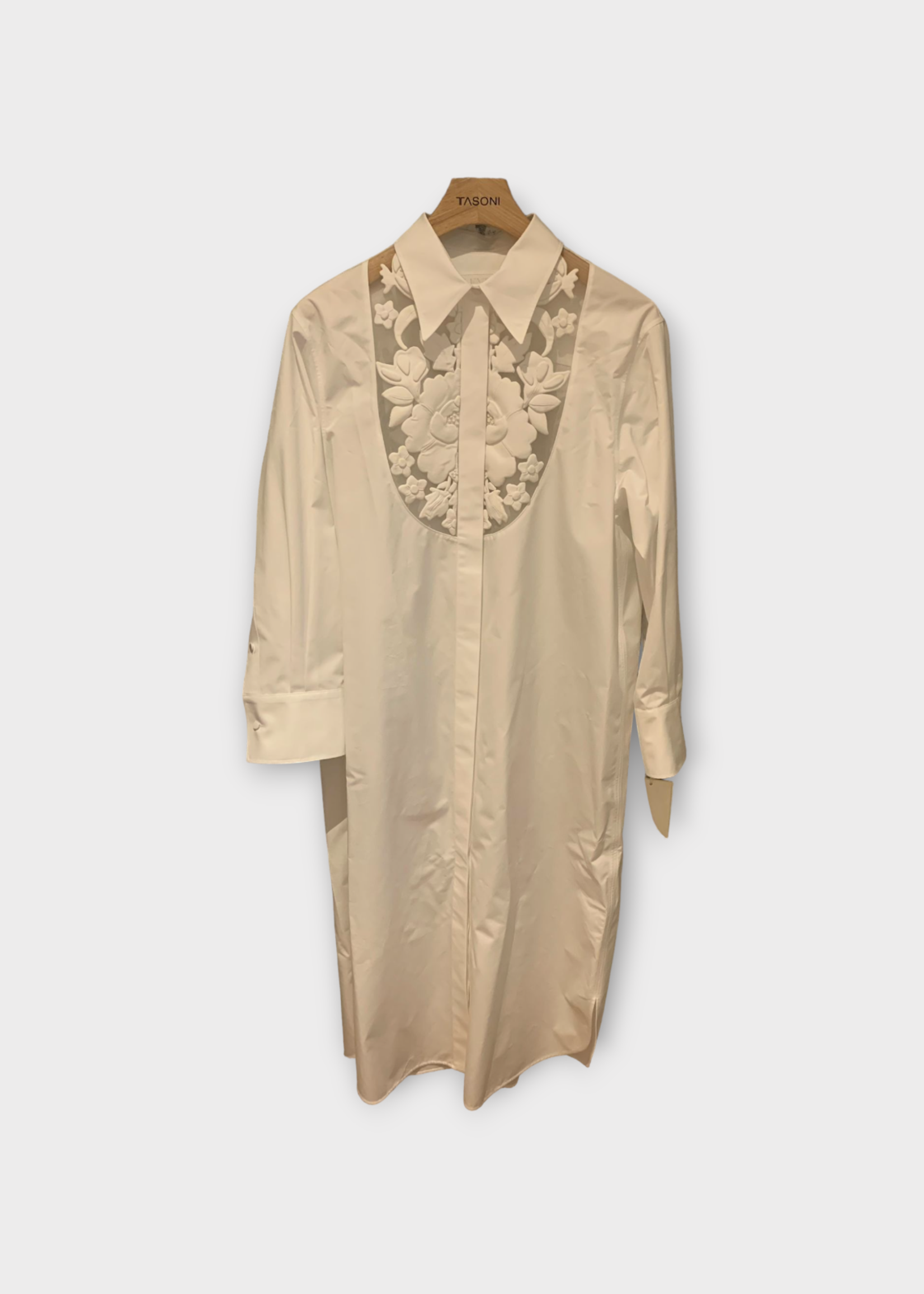 Valentino Valentino Dress, White, Cotton Poplin Collared Embroidered Shirt Button Up Dress