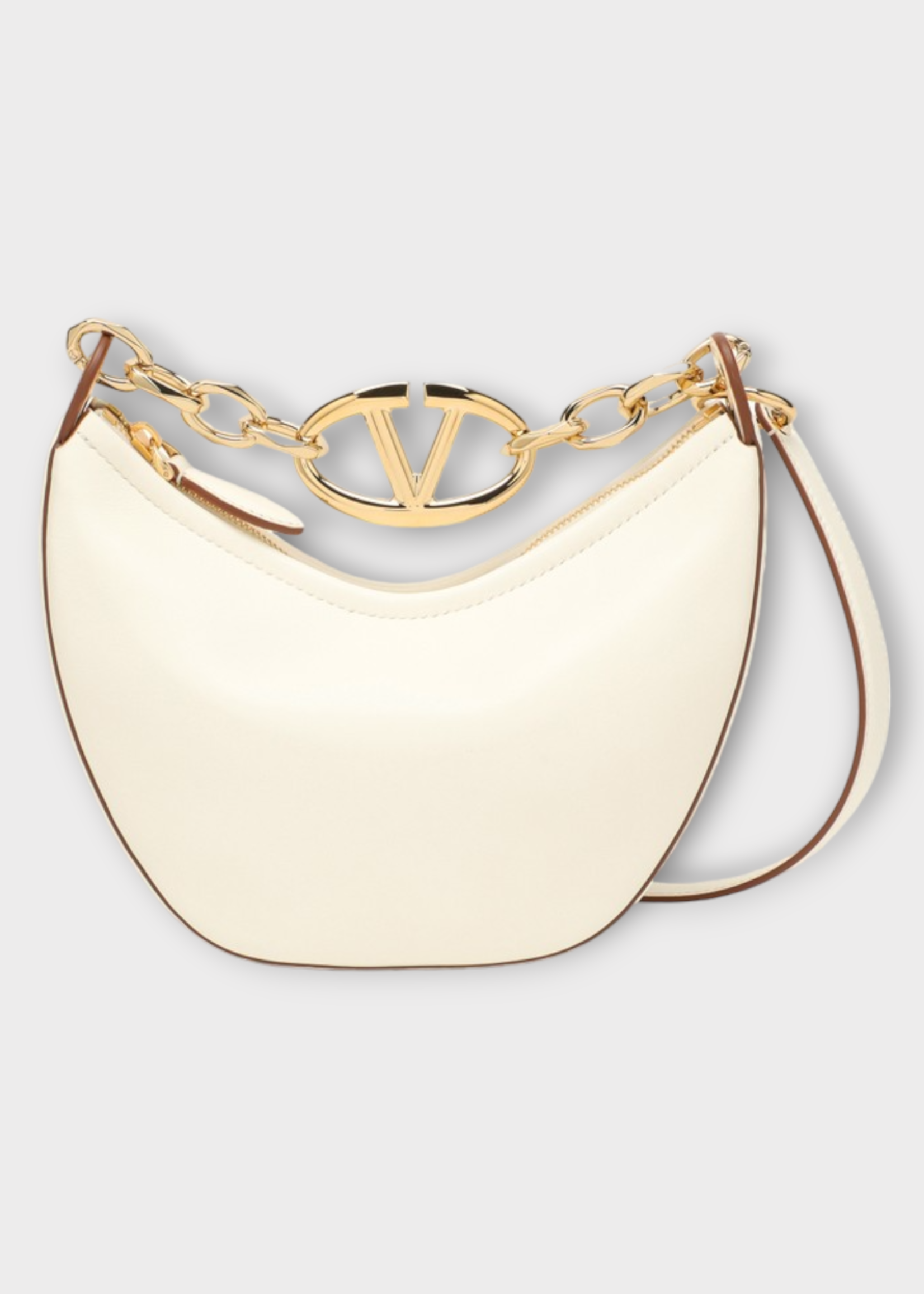Valentino Valentino Bag, White, Mini Hobo Vlogo Moon Bag In Ivory w/ Gold Chain Logo