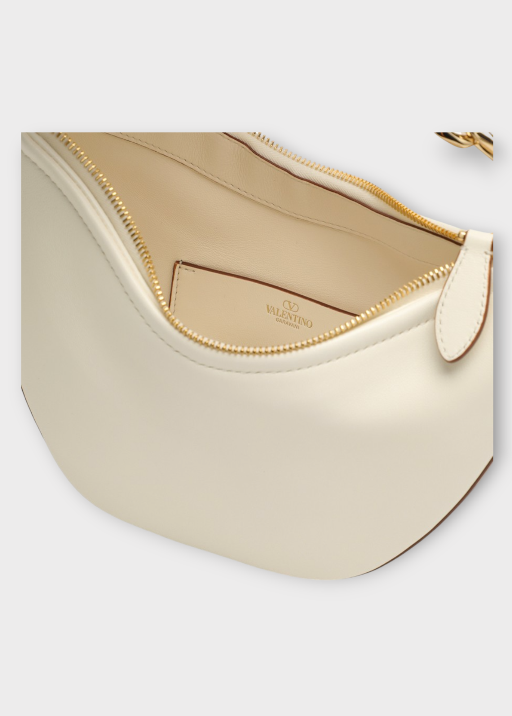Valentino Valentino Bag, White, Mini Hobo Vlogo Moon Bag In Ivory w/ Gold Chain Logo