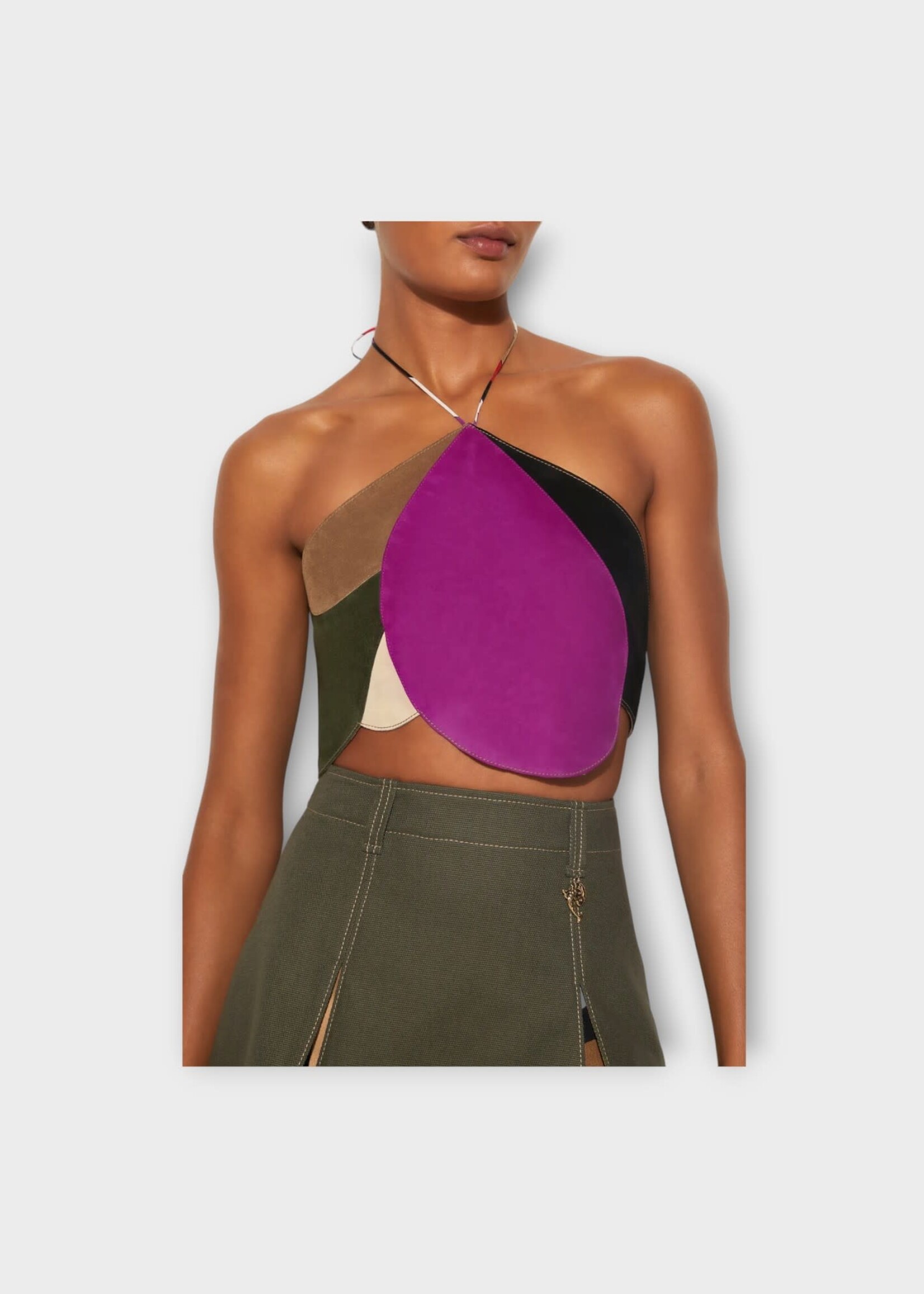 Emilio Pucci Emilio Pucci Top, Pink, Suede Sleeveless Crop Top in Purple Dark Brown & Green w/ Back Ties