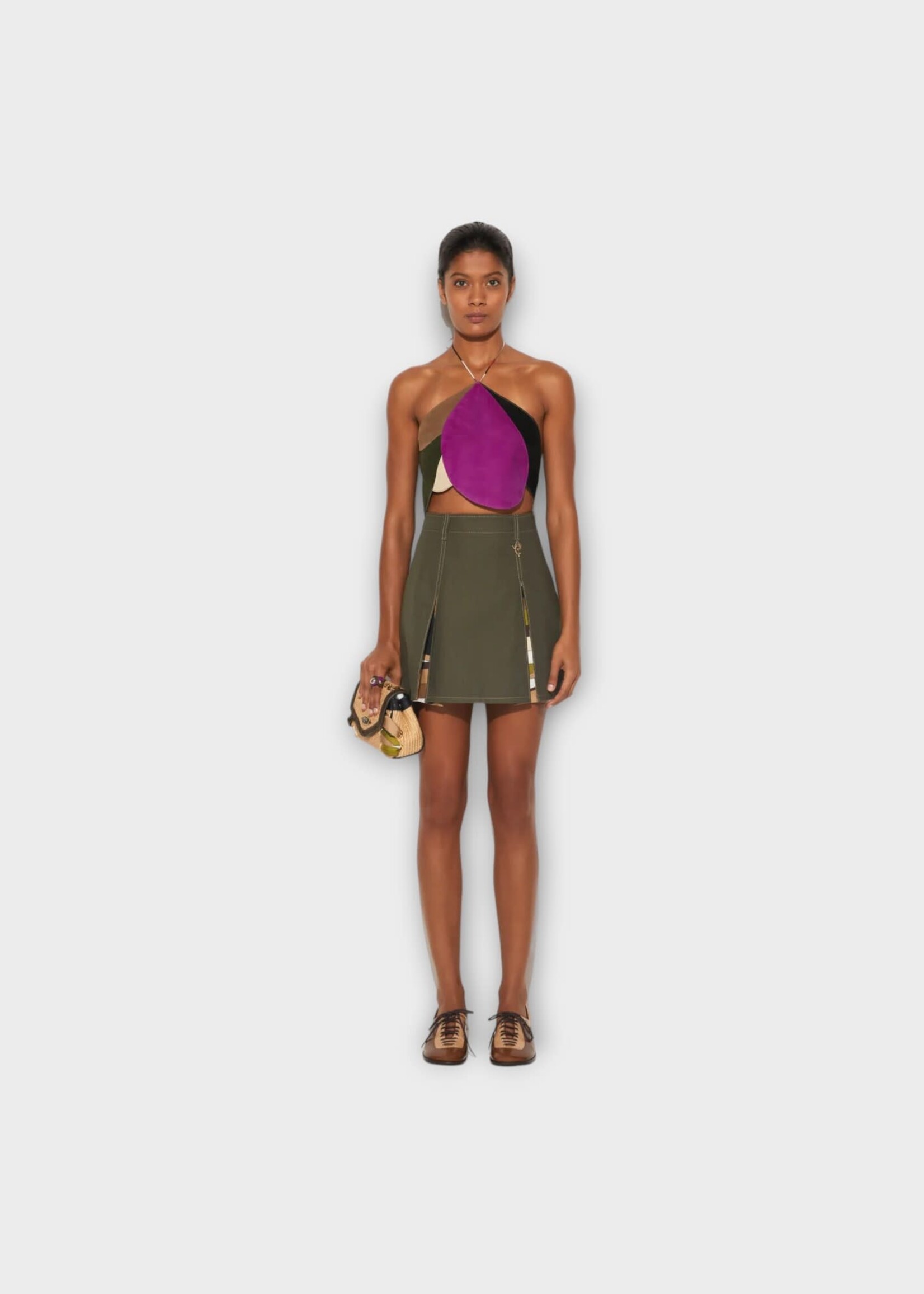 Emilio Pucci Emilio Pucci Top, Pink, Suede Sleeveless Crop Top in Purple Dark Brown & Green w/ Back Ties