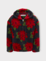 J.W. Anderson J.W. Anderson Sweatshirt, Print, Fleece Front Zip Hooded Jacket In Navy & Red w/ Pointelle Flower Print