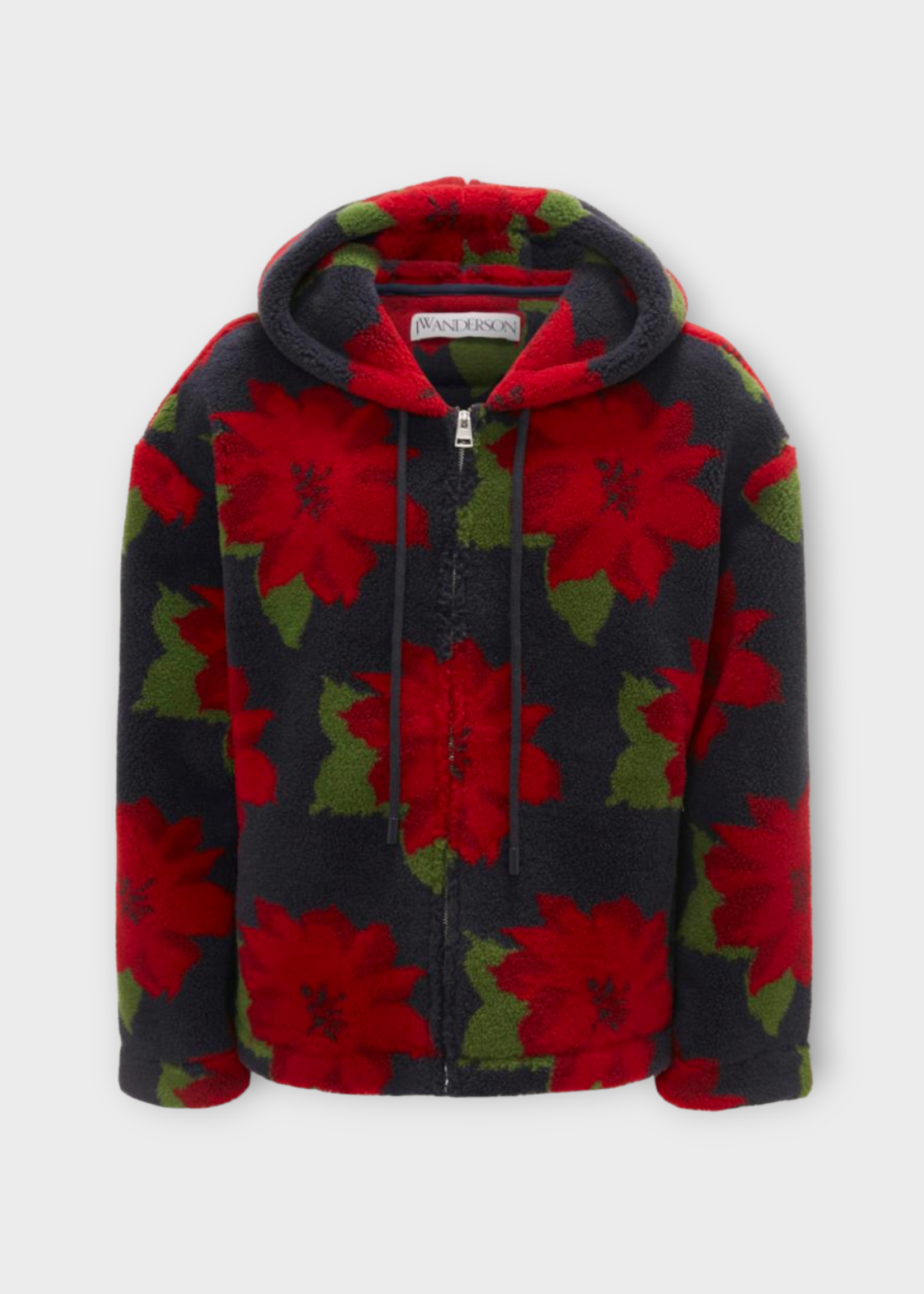 J.W. Anderson J.W. Anderson Sweatshirt, Print, Fleece Front Zip Hooded Jacket In Navy & Red w/ Pointelle Flower Print