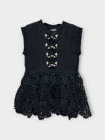 Michaela Buerger Michaela Buerger Knitwear, Black, Juliette Cotton Crew Neck Sleeveless Crochet Peplum Top in Black w/ Flower Embroidery