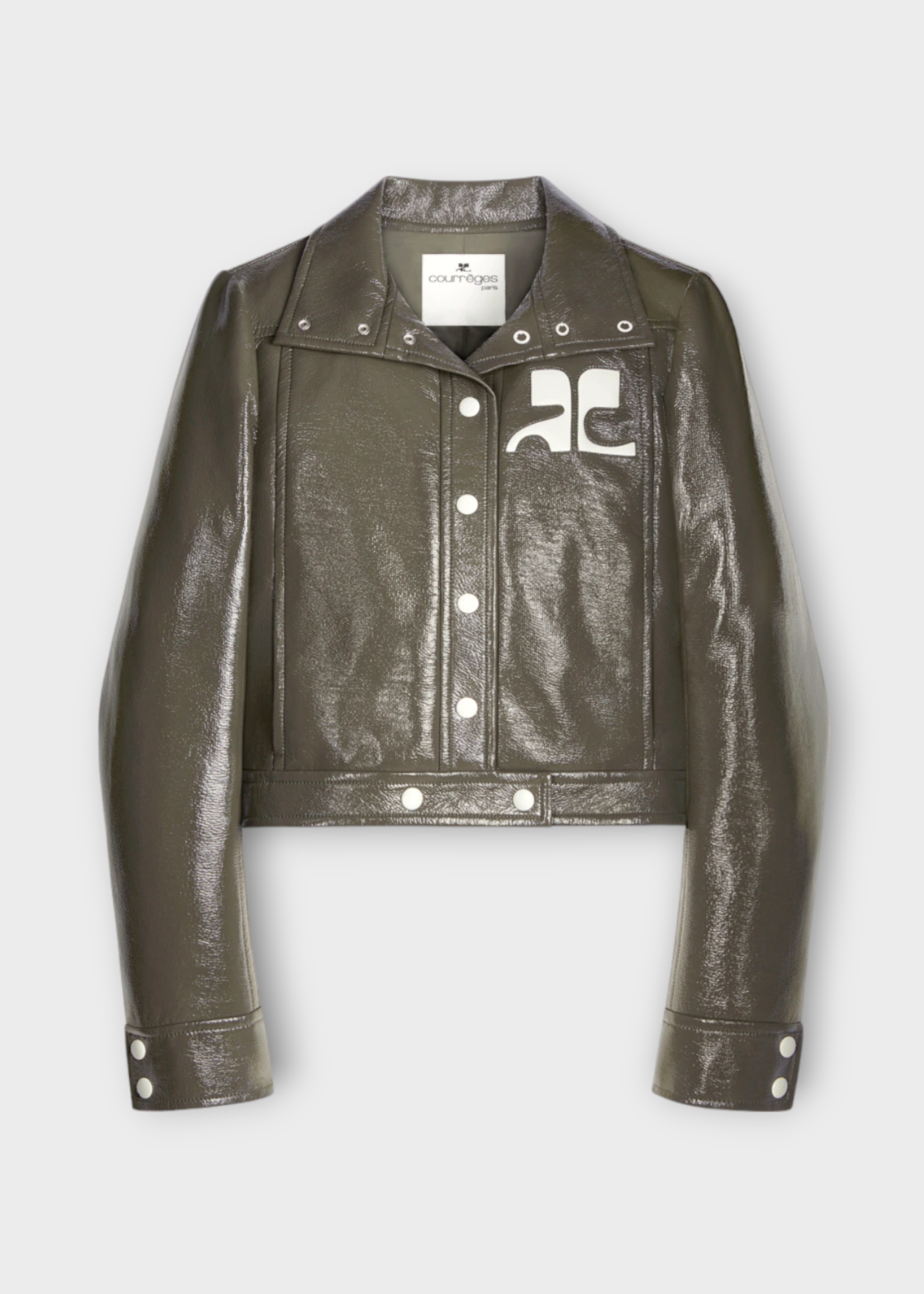 Courreges Courreges Jacket, Green, Reedition High Neck Cropped Iconic Vinyl Jacket In Camouflage Green