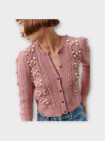 Michaela Buerger Michaela Buerger Knitwear, Pink, Toni Cotton Crew Neck Button Up In Light Pink w/ Flower Embroidery