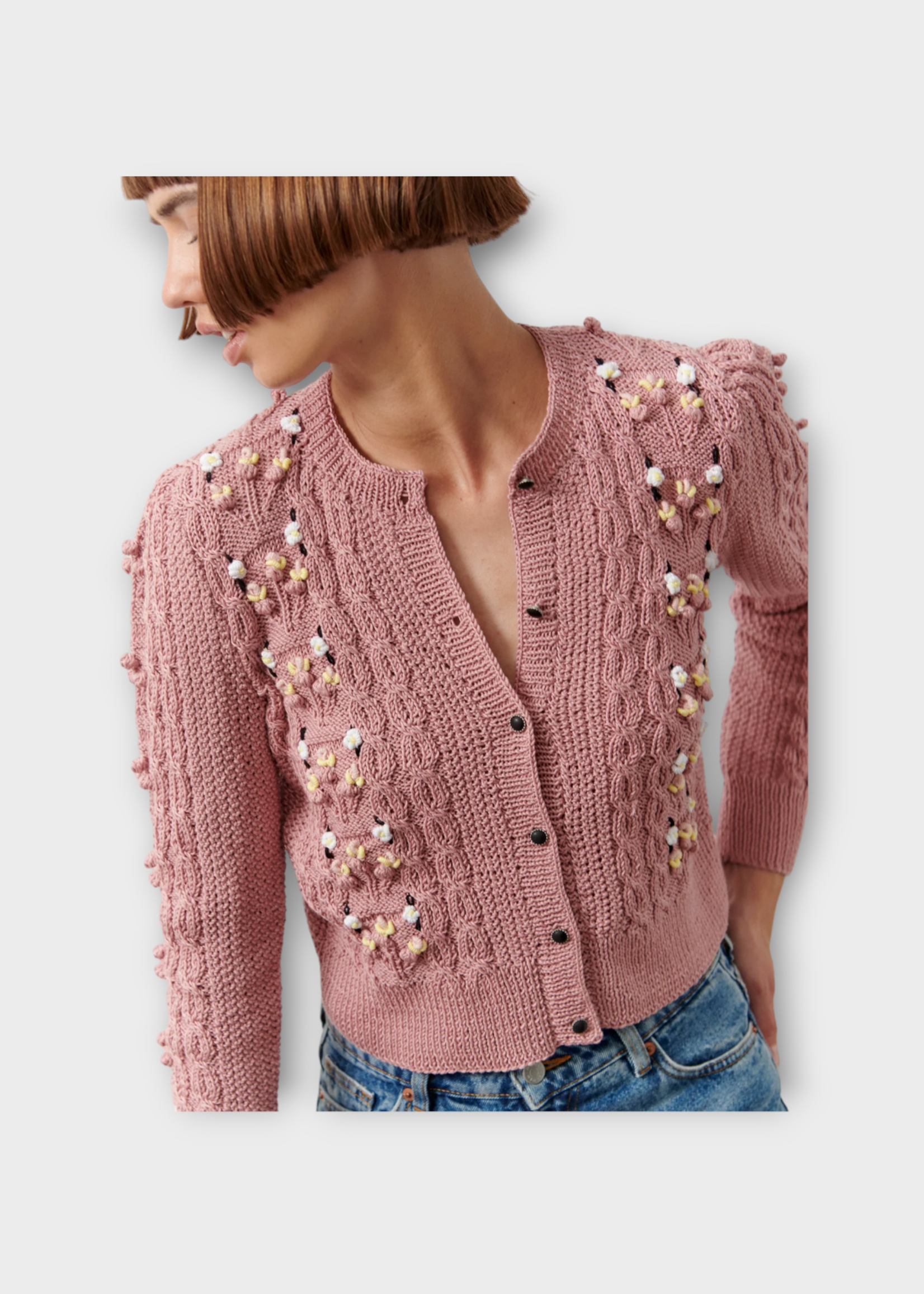 Michaela Buerger Michaela Buerger Knitwear, Pink, Toni Cotton Crew Neck Button Up In Light Pink w/ Flower Embroidery