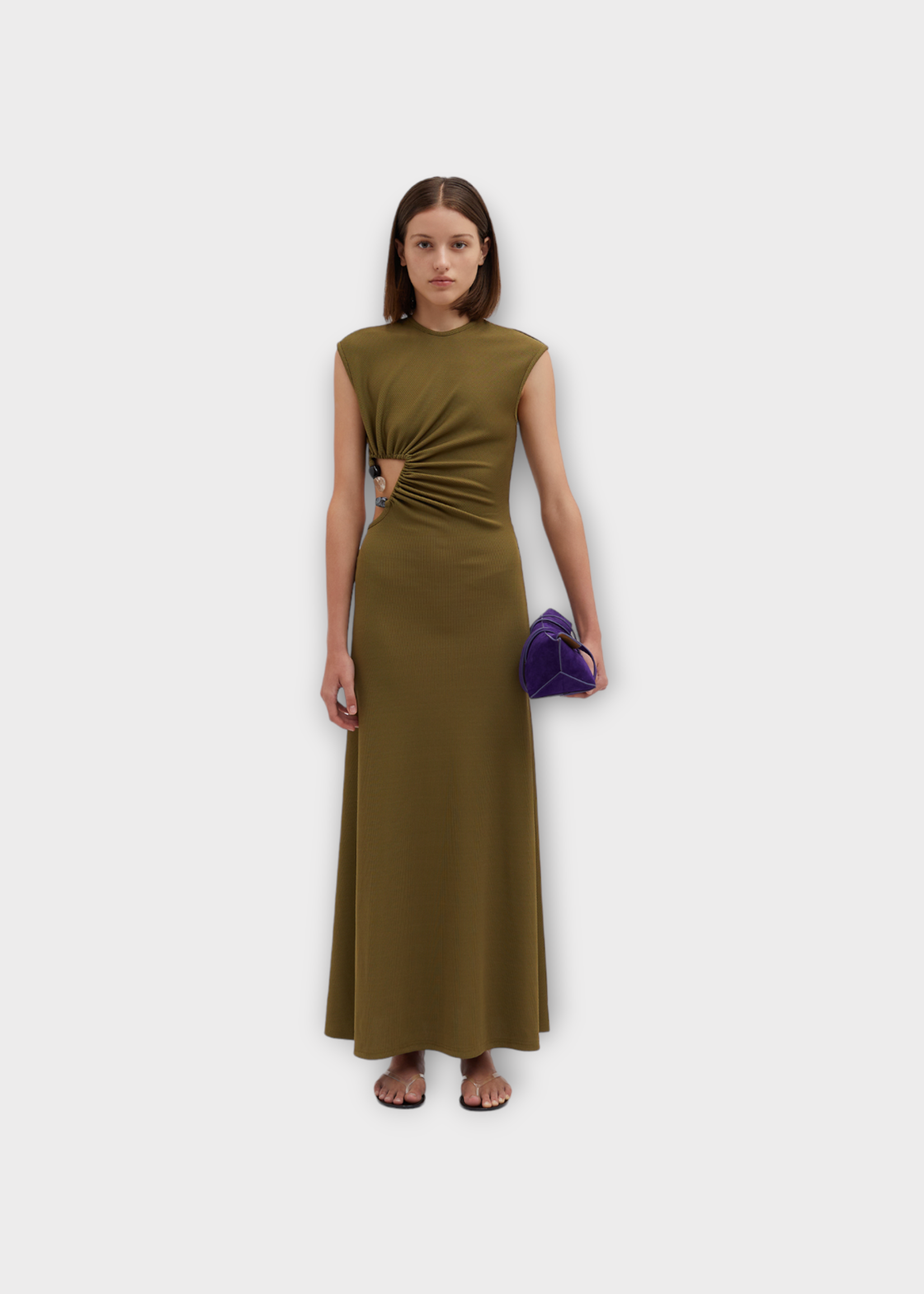 Christopher Esber Christopher Esber Dress, Green, Sleeveless Tank Long Dress In Olive w/ Cut Out Details & Crystal Stones