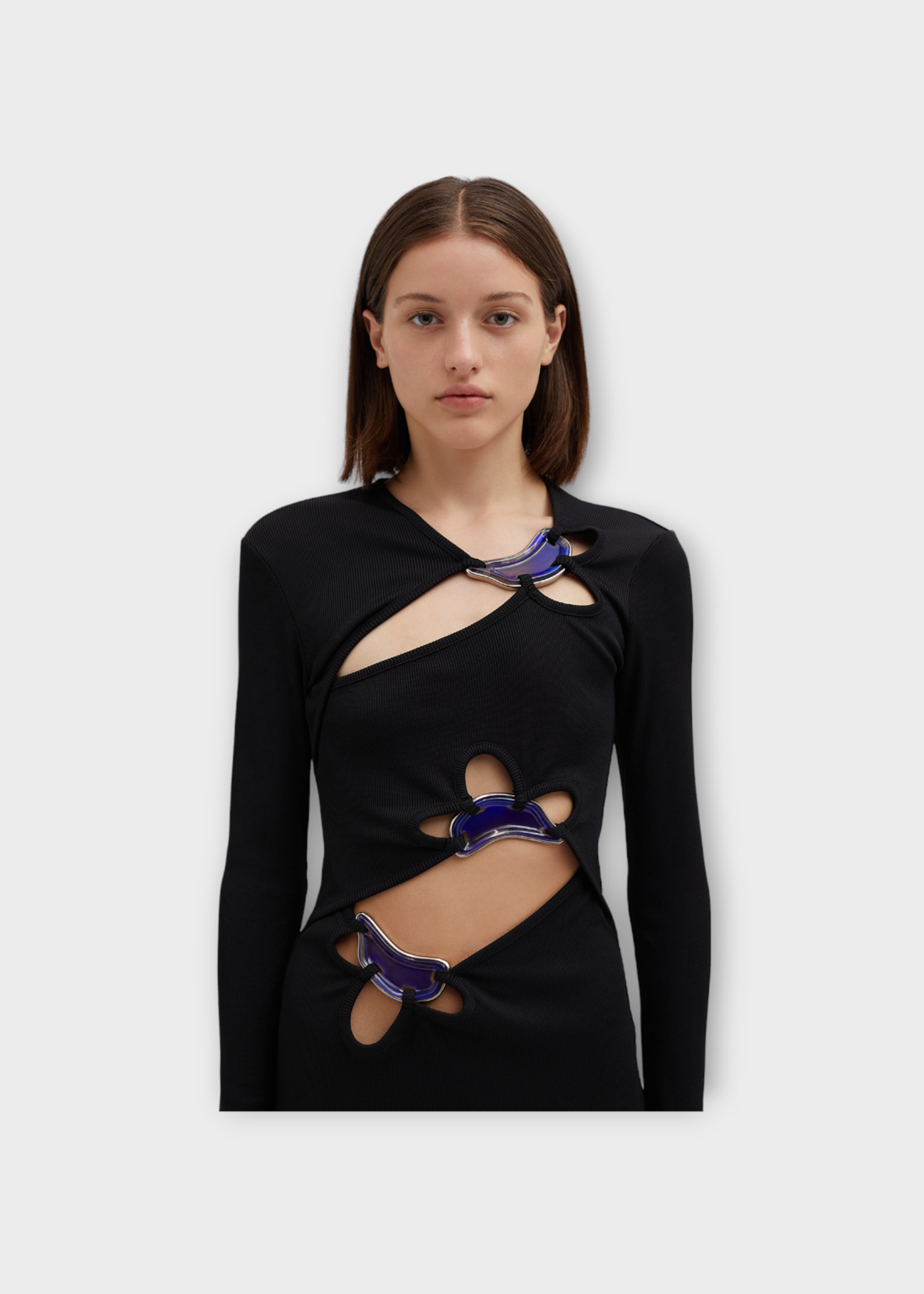 Christopher Esber Christopher Esber Dress, Black, Long Sleeve Compact Ribbed Long Dress w/ Cut Out Details & Moodstones