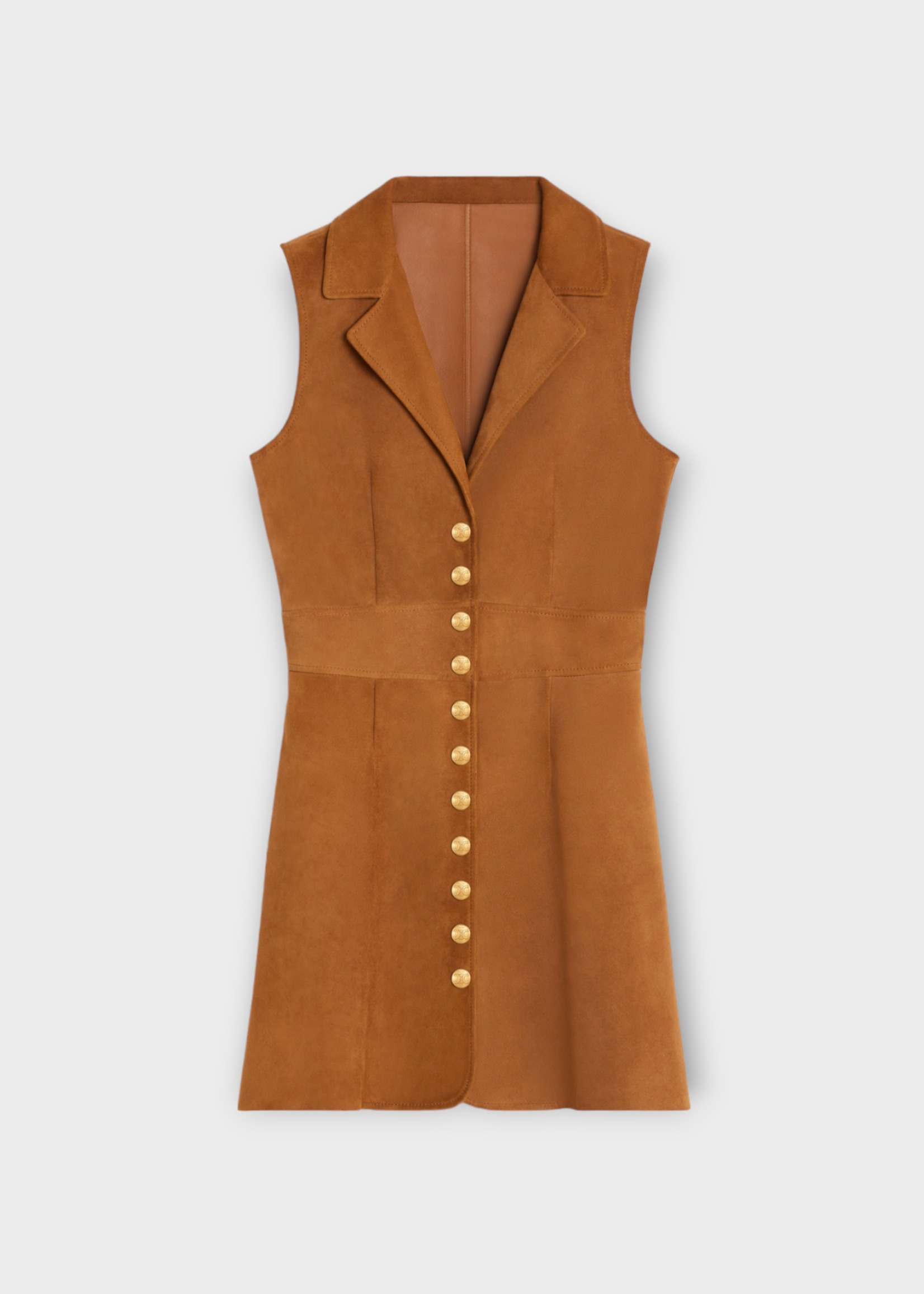 Celine Celine Dress, Brown, Suede Leather Collared Sleeveless Button Up Mini Dress in Camel