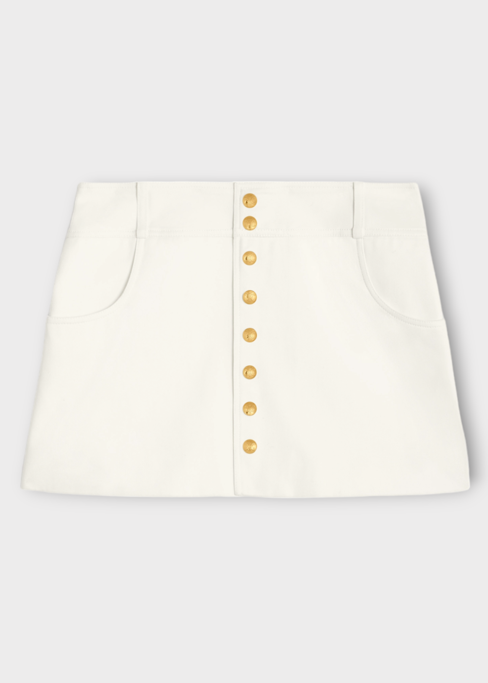 Celine Celine Skirt, White, Cotton Trapeze Twill Button Up Mini Skirt In Off White
