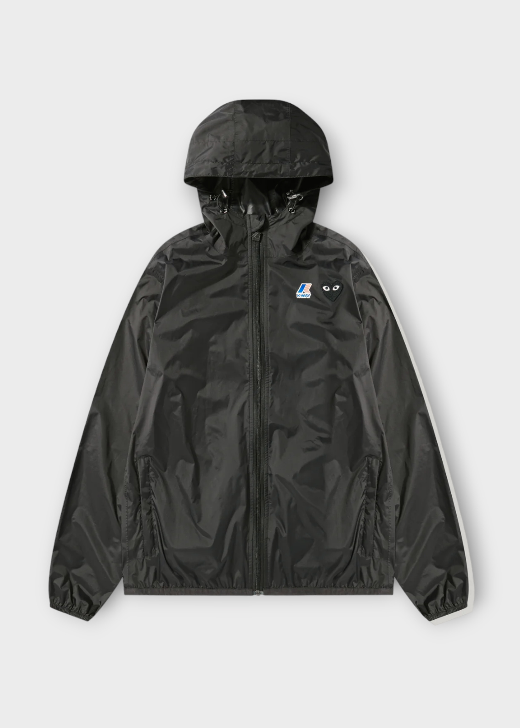 Comme des Garcons Play Comme des Garcons Play Jacket, Black, CDG Play x K-Way Unisex Water Resistant Regular Fit Hooded Zip Up Windbreaker w/ Red Heart Logo