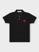 Comme des Garcons Play Comme des Garcons Play Polo, Black, Cotton Collared Short Sleeve Button Up Polo T-Shirt w/ Red Heart