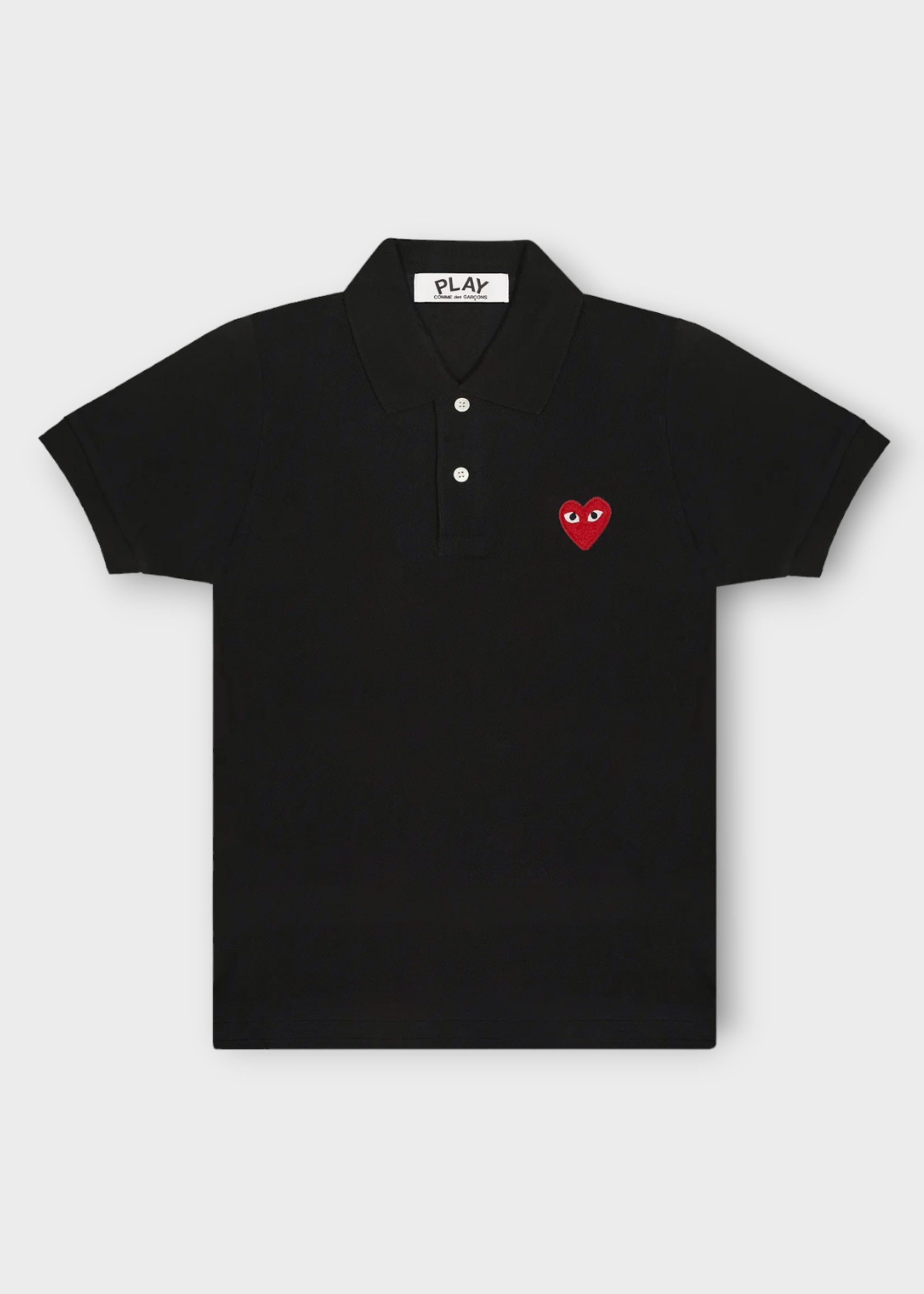 Comme des Garcons Play Comme des Garcons Play Polo, Black, Cotton Collared Short Sleeve Button Up Polo T-Shirt w/ Red Heart