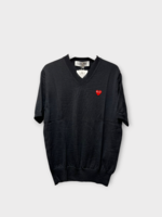Comme des Garcons Play Comme des Garcons Play Knitwear, Black, Wool V-Neck Short Sleeve Solid Knit Pullover w/ Red Heart