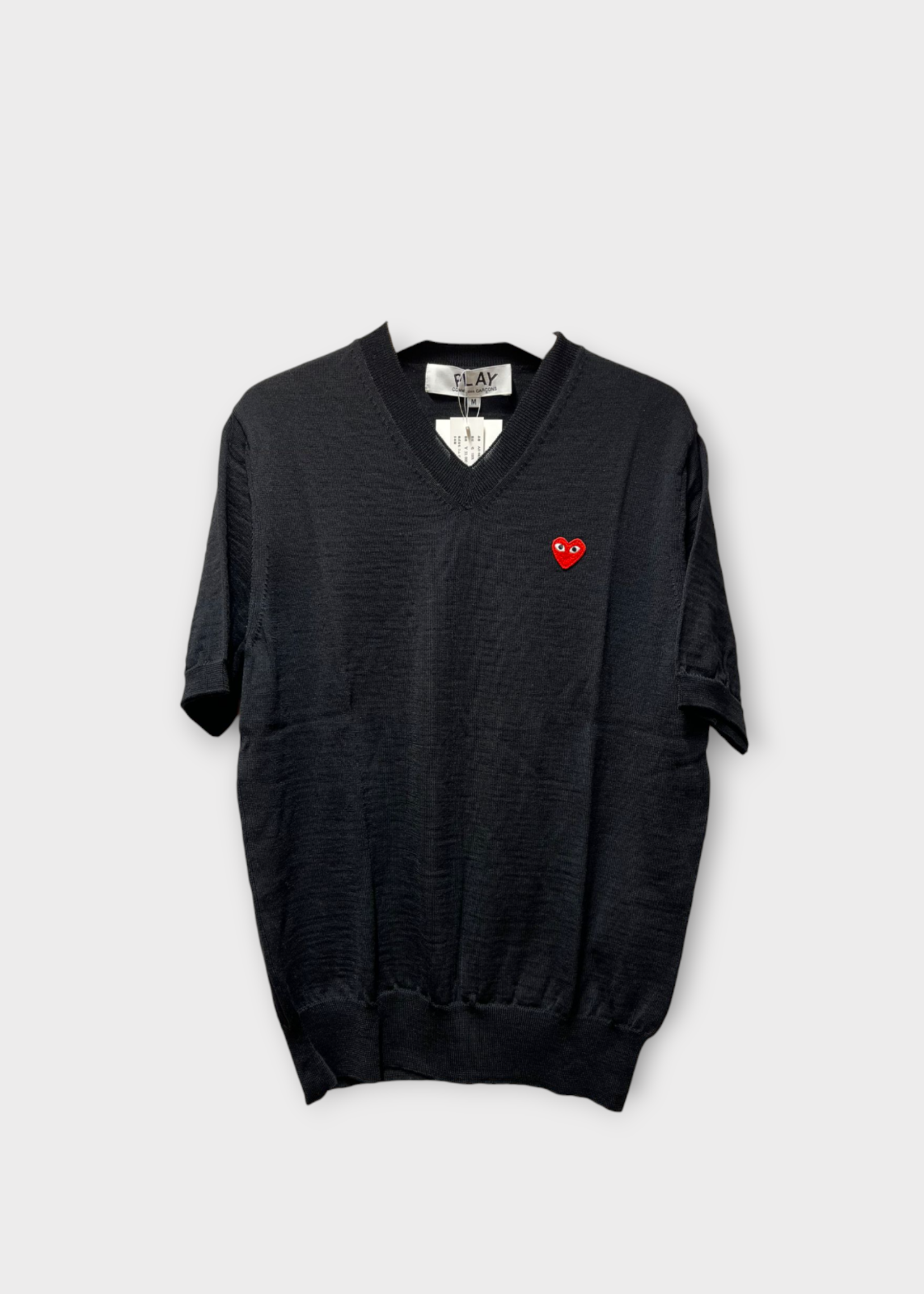 Comme des Garcons Play Comme des Garcons Play Knitwear, Black, Wool V-Neck Short Sleeve Solid Knit Pullover w/ Red Heart