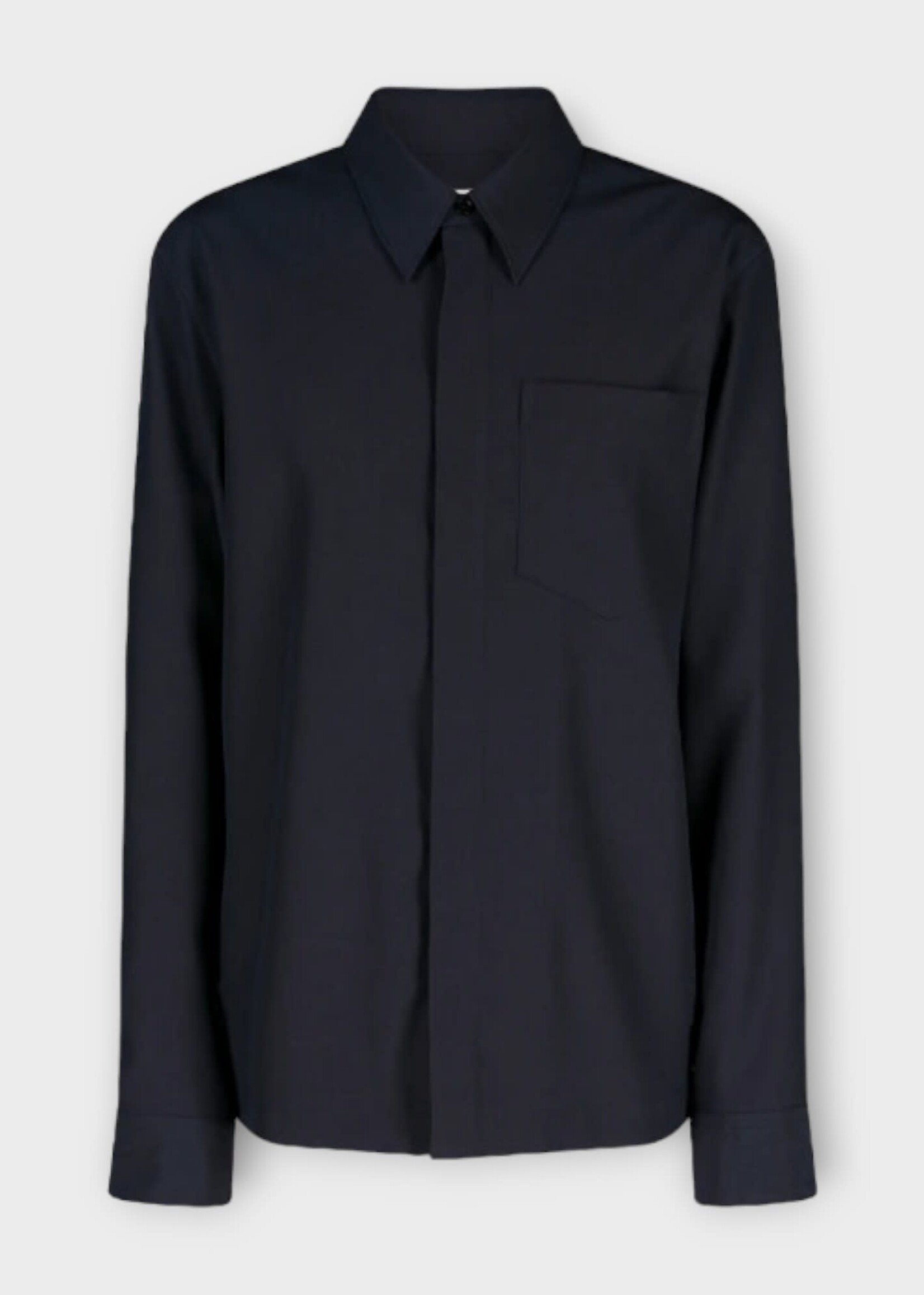 Dries Van Noten Dries Van Noten Shirt, Navy, Corran Wool Boxy Fit Collared Zipped Up Shirt w/ Chest Pocket