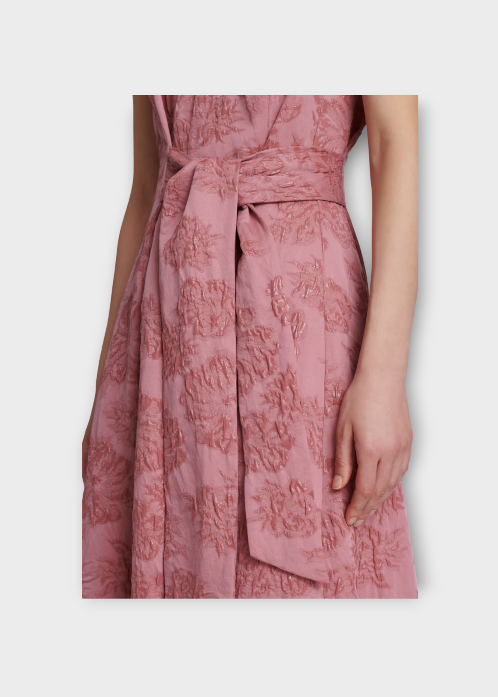 Partow Partow Dress, Red, Silvie French Silk Mix Sleeveless Floral Jacquard Dress In Merlot w/ Waist Wrap Detail