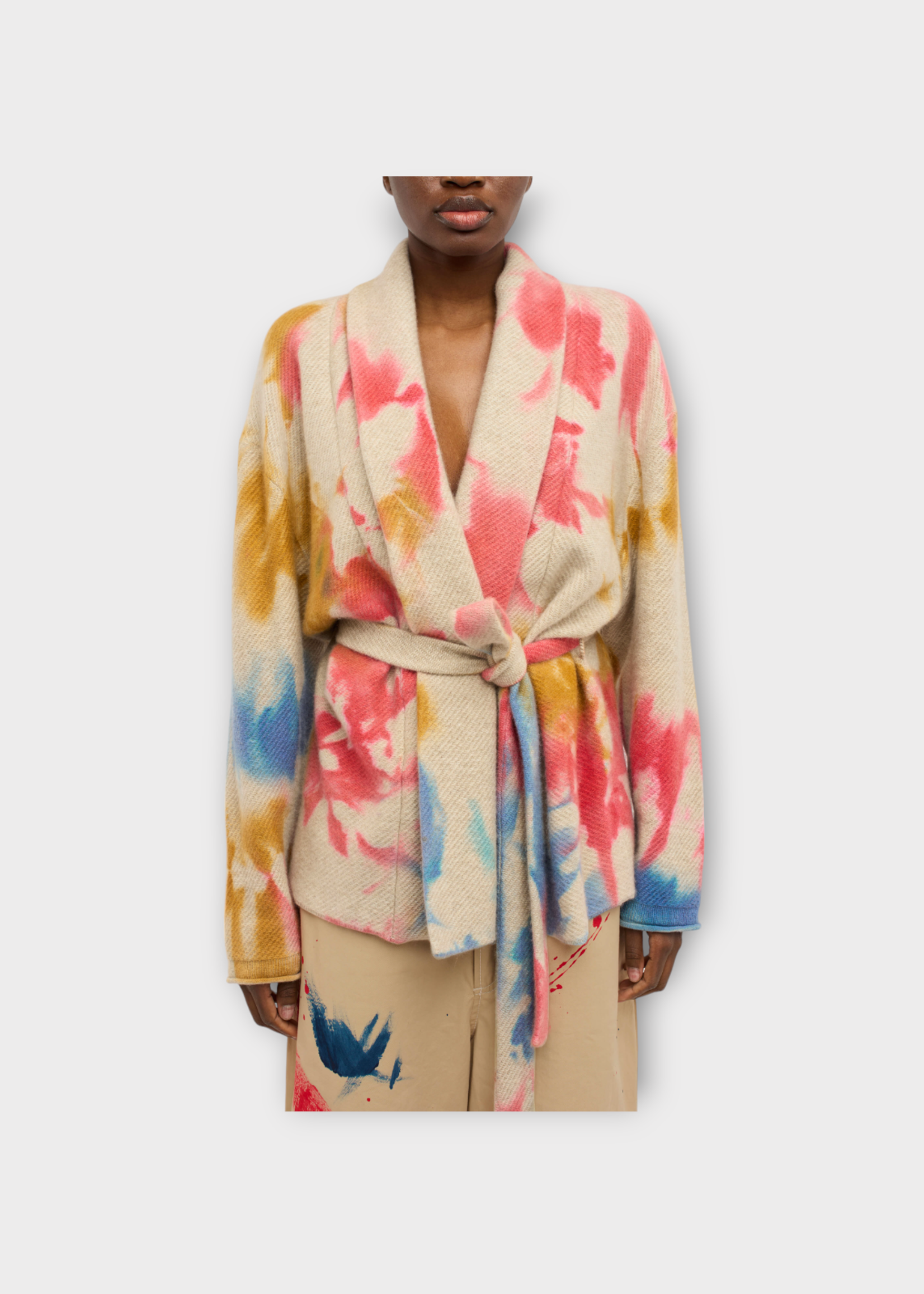 The Elder Statesman The Elder Statesman Knitwear, Multi, Collared Herring Dyed Open Belted Cardigan In Oatmeal & Multicolour