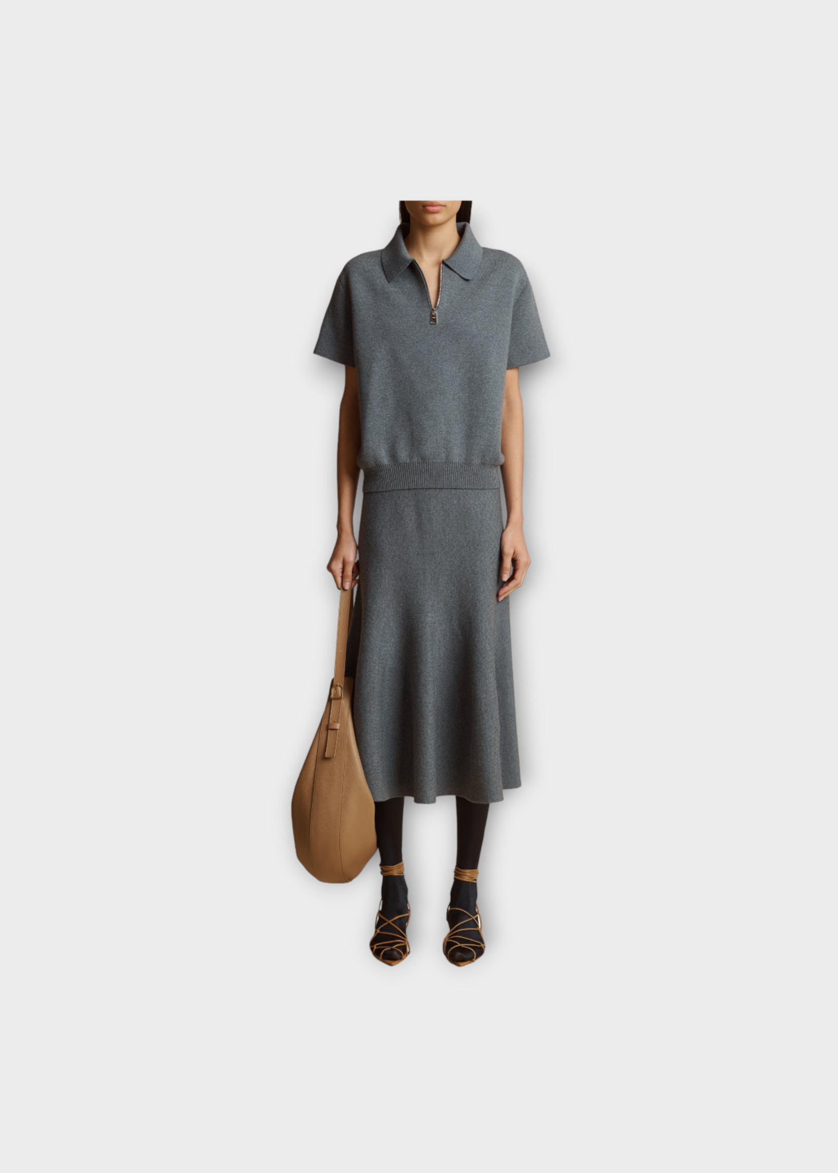 Khaite Khaite Top, Grey, Gulliame Cashmere Collared Zip Up Short Sleeve Knitted Top In Sterling