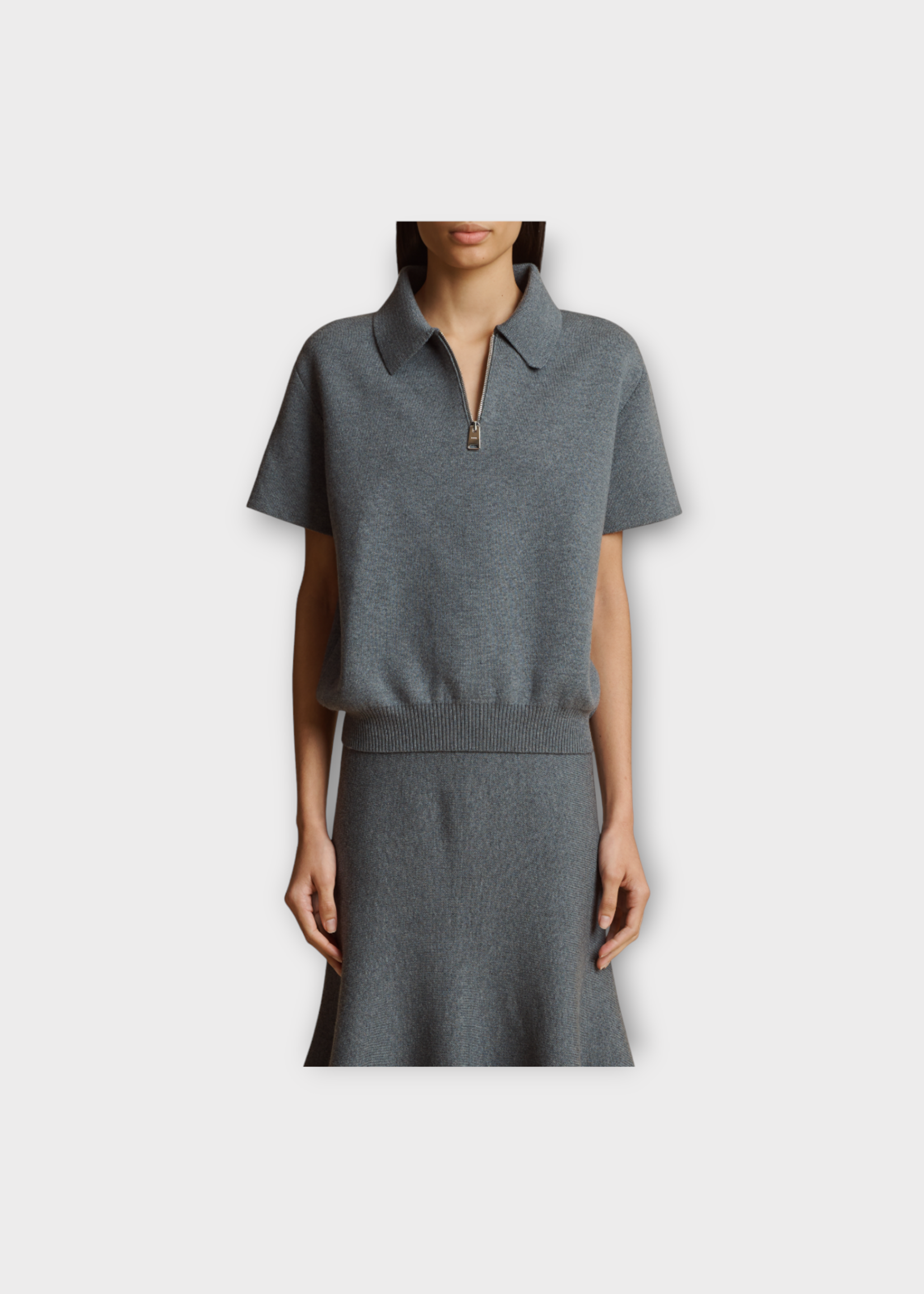 Khaite Khaite Top, Grey, Gulliame Cashmere Collared Zip Up Short Sleeve Knitted Top In Sterling