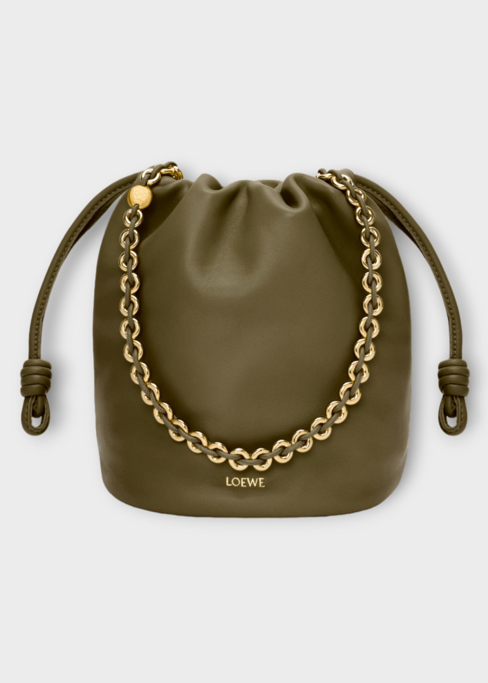 Loewe Loewe Bag, Green, Flamenco Mellow Nappa Lambskin Bucket Purse In Dark Khaki Green w/ Chain
