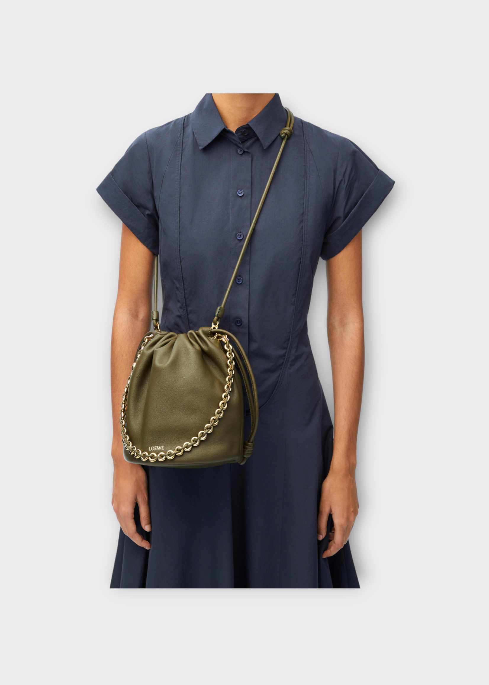 Loewe Loewe Bag, Green, Flamenco Mellow Nappa Lambskin Bucket Purse In Dark Khaki Green w/ Chain