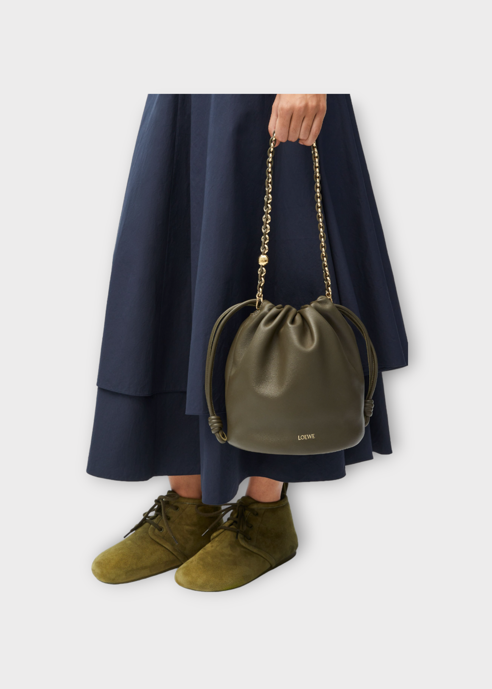 Loewe Loewe Bag, Green, Flamenco Mellow Nappa Lambskin Bucket Purse In Dark Khaki Green w/ Chain