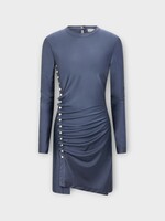 Rabanne Rabanne Dress, Grey, Crew Neck Long Sleeve Asymmetric Shiny Mini Dress In Ardoise w/ Snap Buttons