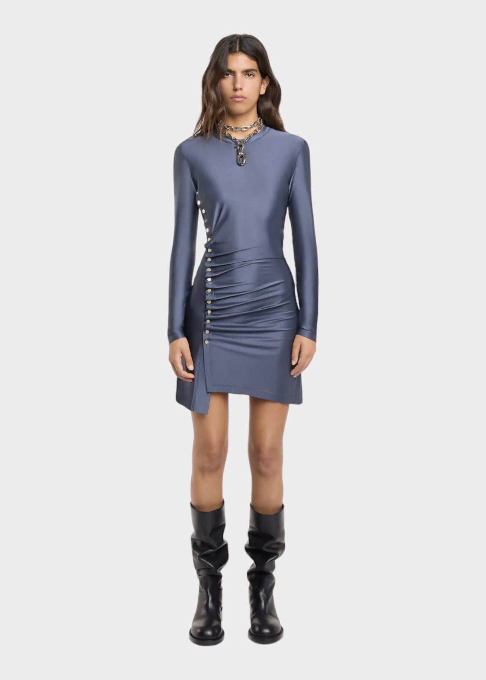 Rabanne Rabanne Dress, Grey, Crew Neck Long Sleeve Asymmetric Shiny Mini Dress In Ardoise w/ Snap Buttons